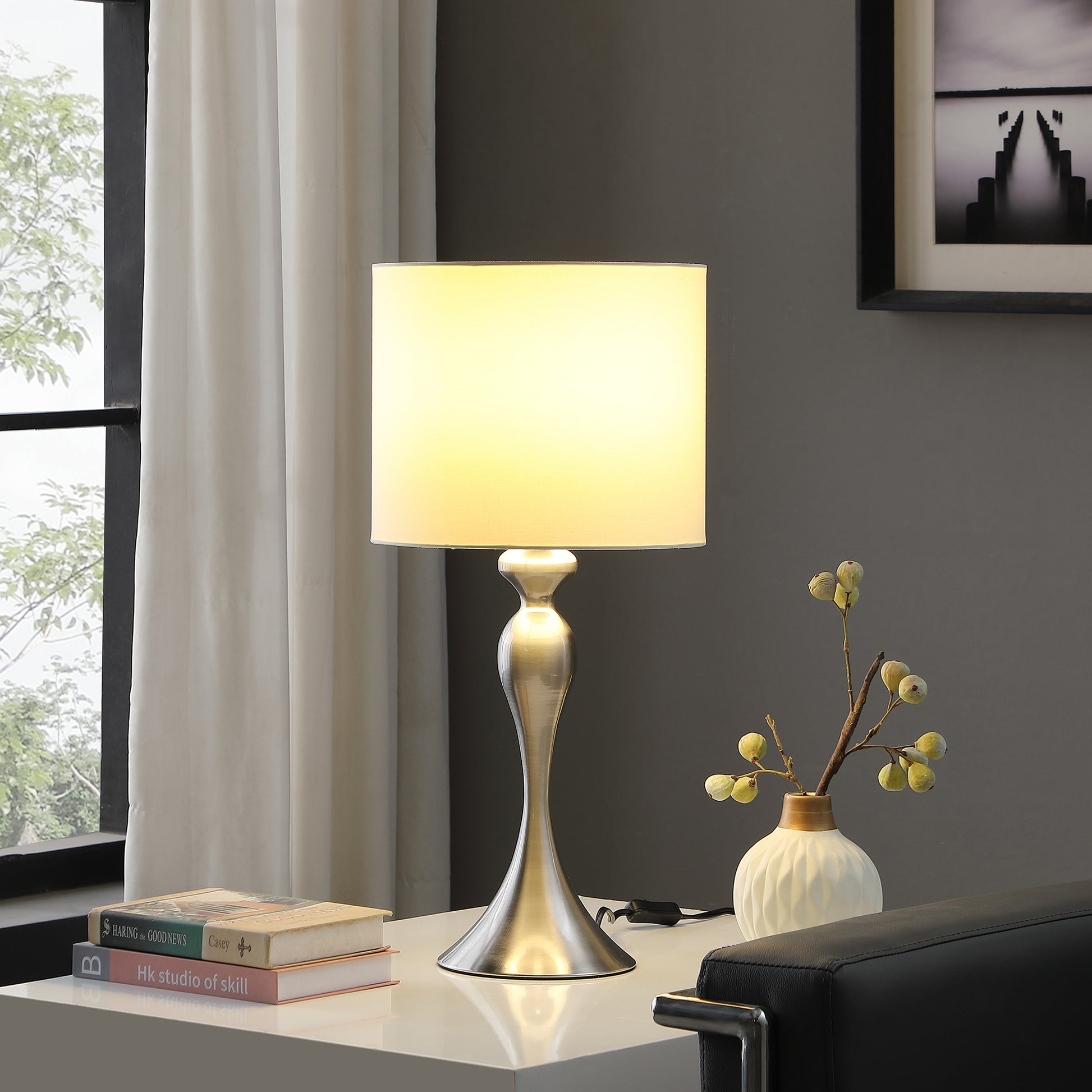 24.5" In Bailey Brushed Silver Modern Candlestick Metal Table Lamp Silver Fabric Metal