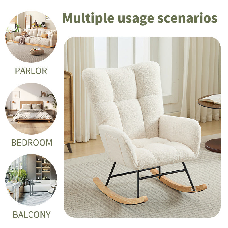 Modern Nursery Rocking Chair Upholstered Glider Chair With High Backrest Rocker Accent Armchair With Solid Wood Legs For Nursery Bedroom Living Room Teddy White White Teddy