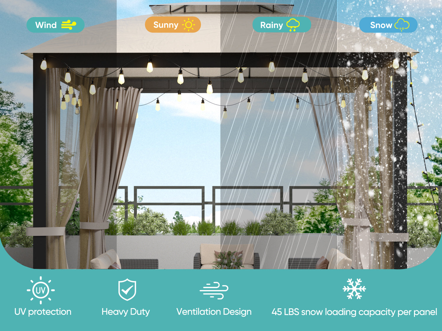 10X10Ft Softtop Metal Gazebo With Mosquito Net&Sunshade Curtains,Sturdy Heavy Duty Double Roof Canopy,Galvanized Steel Design Outdoor Tent,Suitable For Gardens,Patio,Backyard Beige Rectangular None Garden & Outdoor Water Resistant Gazebos Anchored Fabric