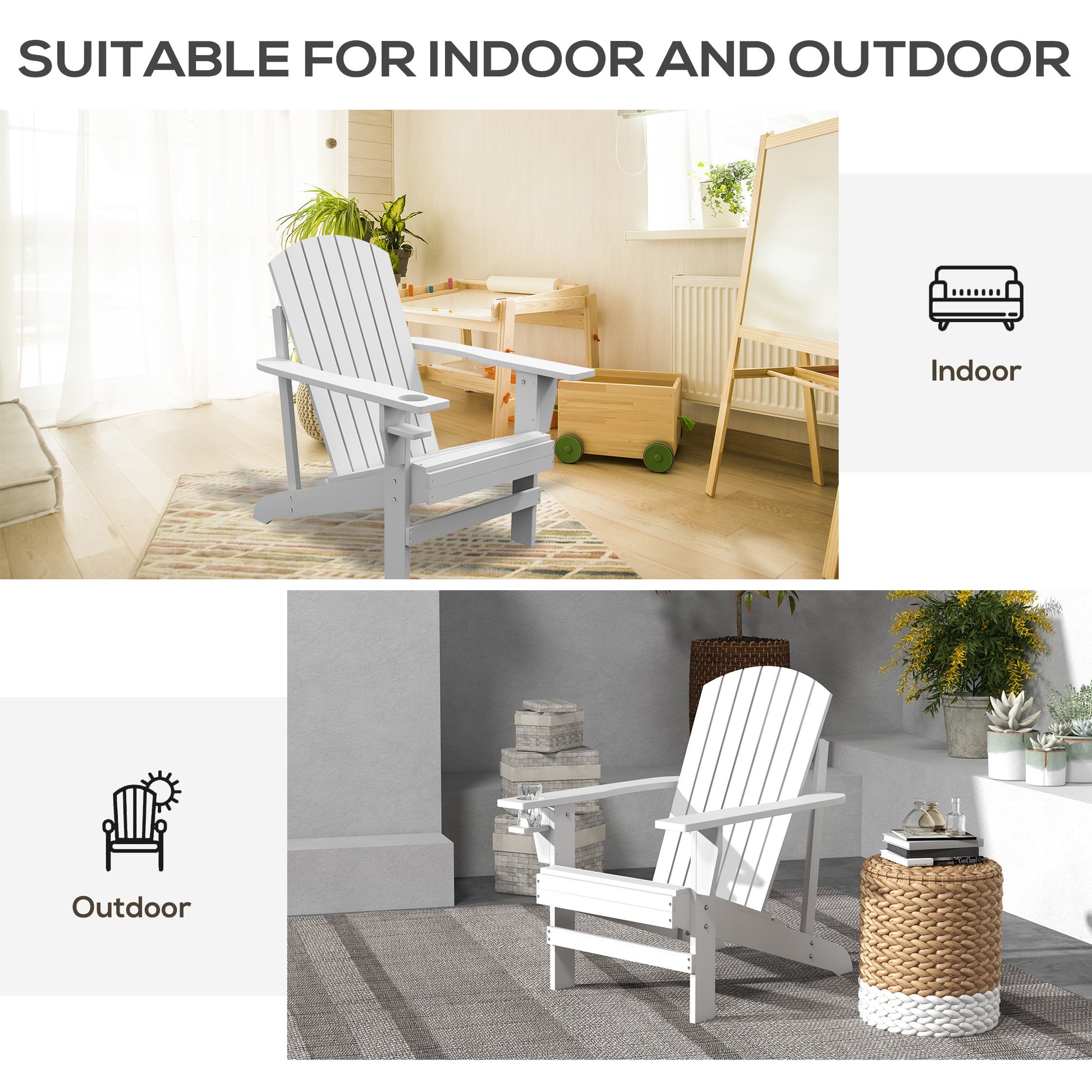 Outsunny Wooden Adirondack Chair, Outdoor Patio Lawn Chair With Cup Holder, Weather Resistant Lawn Furniture, Classic Lounge For Deck, Garden, Backyard, Fire Pit, White White Wood