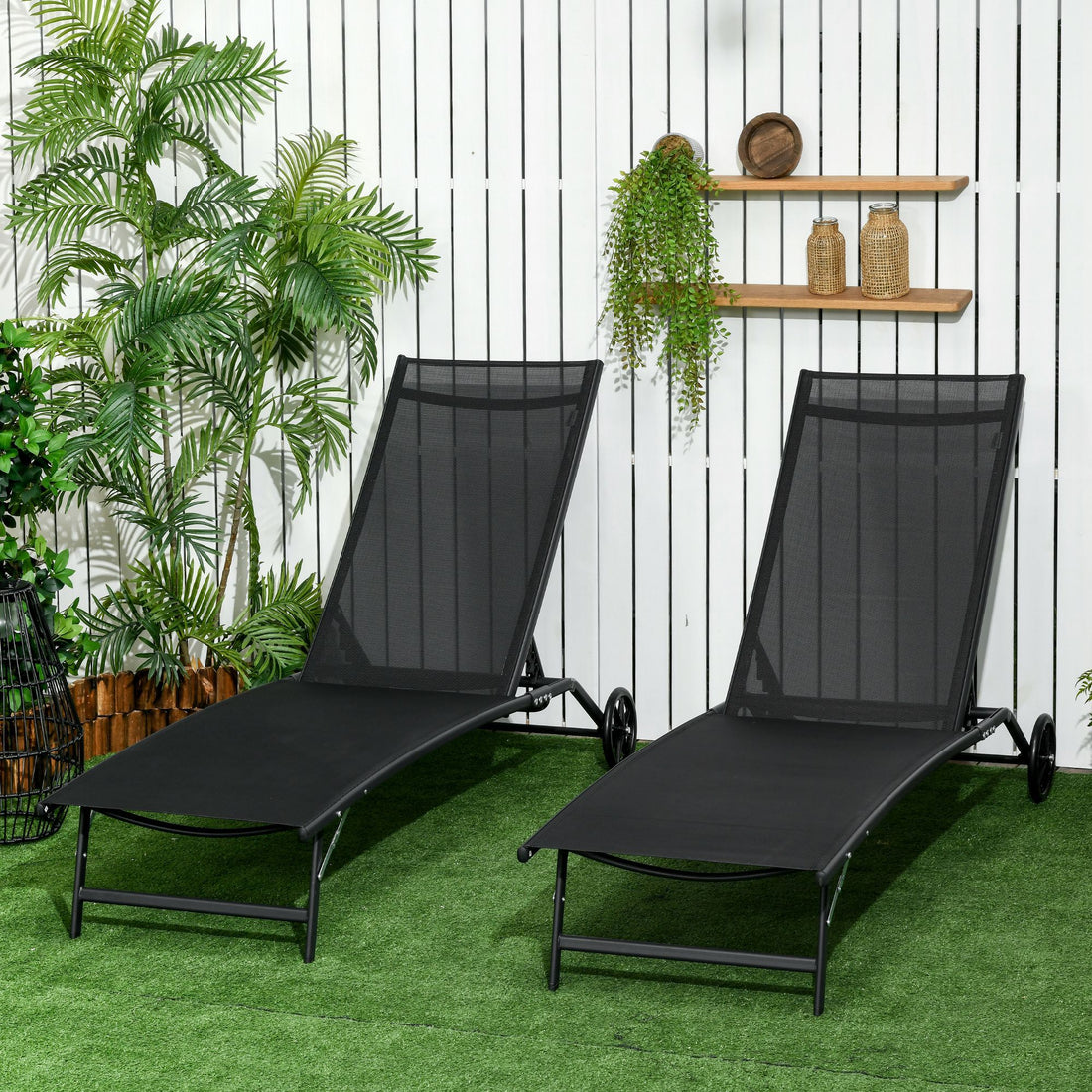 Outsunny Chaise Lounge Outdoor, 2 Piece Lounge Chair With Wheels, Tanning Chair With 5 Adjustable Positions For Patio, Beach, Yard, Pool, Black Black Fabric