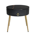 19.6'' Easy Assembly End Tables With High Gloss Faux Marble Tabletops, Set Of 2, Modern Fluted 2 Side Tables With Drawers, Round Coffee Tables With Golden Legs For Living Room, Black Black Gold Primary Living Space Drawers Round Mdf Iron