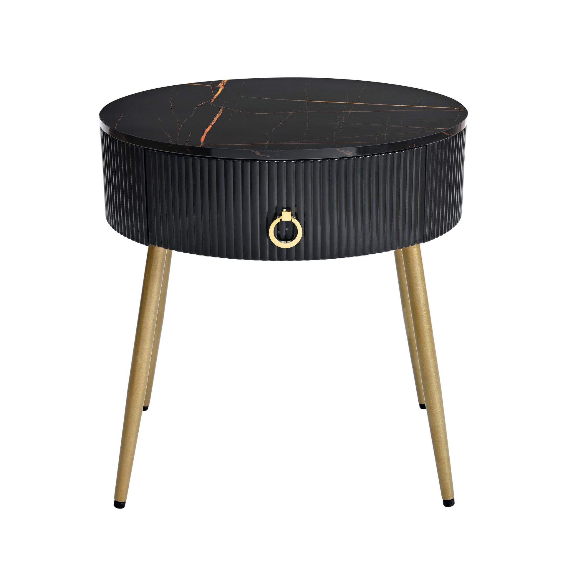 19.6'' Easy Assembly End Tables With High Gloss Faux Marble Tabletops, Set Of 2, Modern Fluted 2 Side Tables With Drawers, Round Coffee Tables With Golden Legs For Living Room, Black Black Gold Primary Living Space Drawers Round Mdf Iron