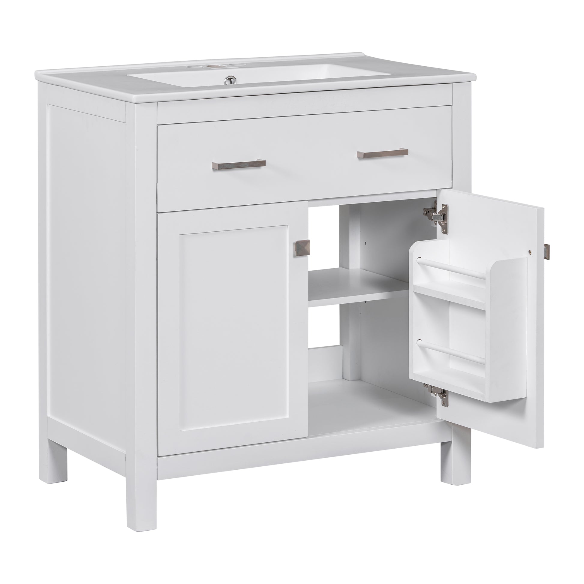 30 Inch Bathroom Vanity With Ceramic Sink, Modern White Single Bathroom Cabinet With 2 Doors And A Shelf, Soft Close Doors White Bathroom Solid Wood Mdf