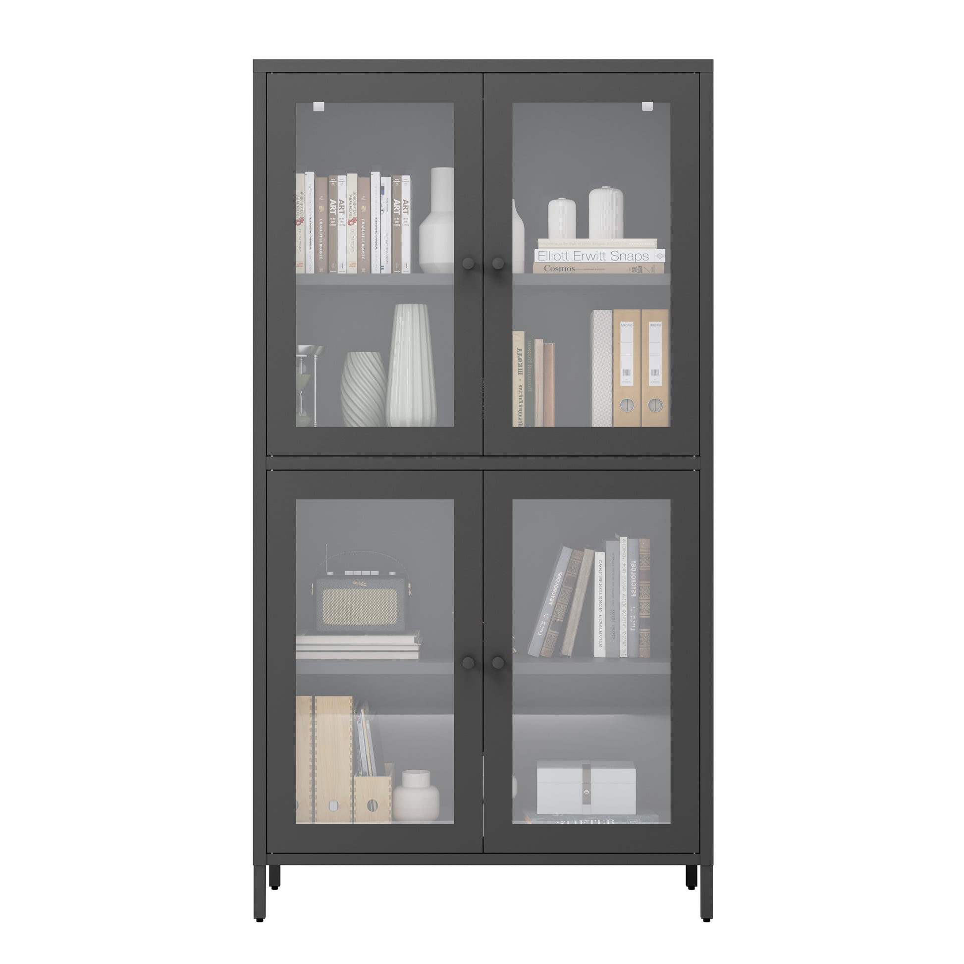 Classic Metal Storage Cabinet Display Cabinet With 4 Glass Doors 4 Shelves Cabinet Bookcase Side Cabinet For Home Office Living Room Kitchen Hallway Black, Flat Tempered Glass Freestanding 3 4 Shelves Glass Pane Black Study Glass Doors Classic Steel