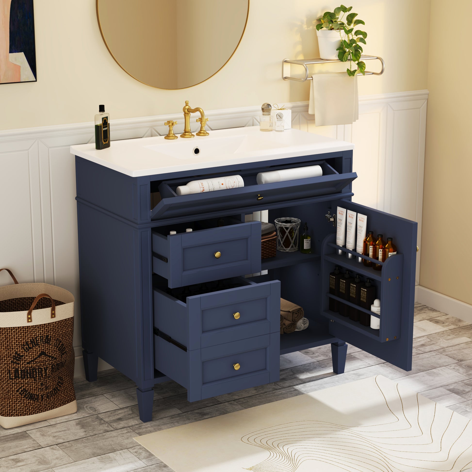 36'' Bathroom Vanity With Top Sink, Modern Bathroom Storage Cabinet With 2 Drawers And A Tip Out Drawer, Single Sink Bathroom Vanity Blue Bathroom Solid Wood Mdf Ceramic,Solid Wood Mdf