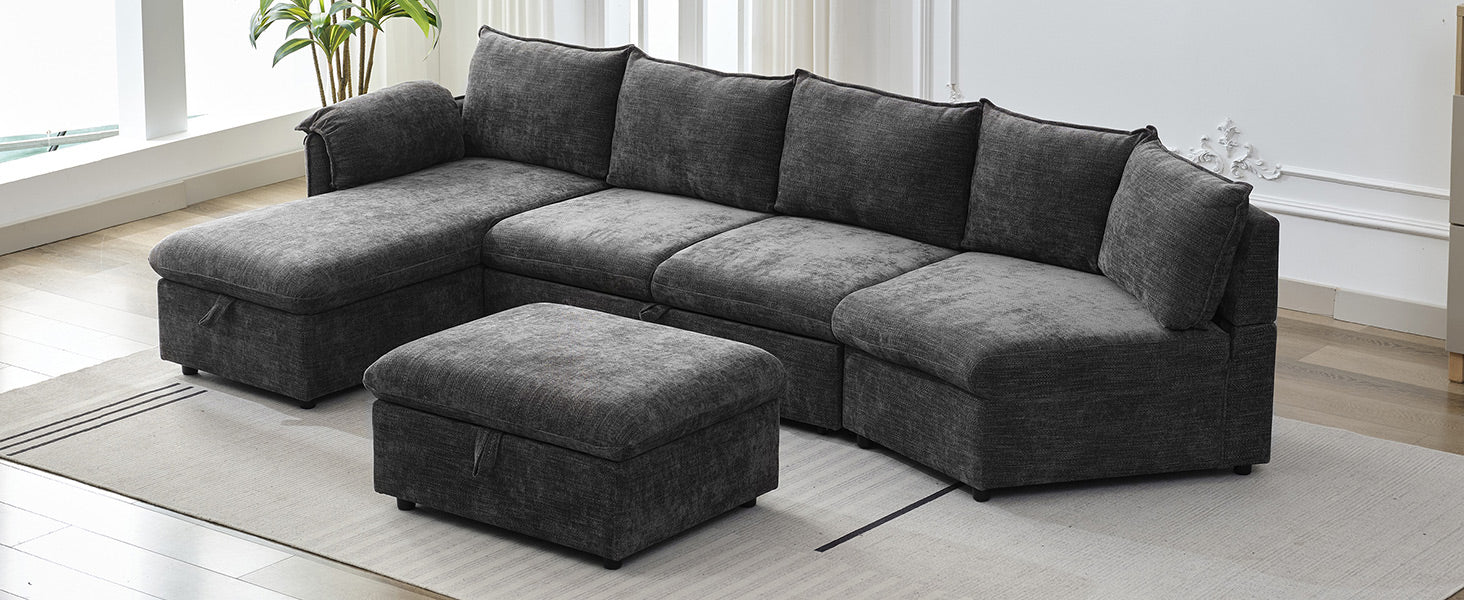 146.9" L Shaped Sofa Sectional Sofa Couch Pull Out Sofa Bed With A Movable Storage Ottoman, A Storage Chaise Lounge And Two Usb Ports For Living Room, Grey Grey Foam Linen 5 Seat