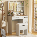 Farmhouse Makeup Vanity Desk With Mirror And Lights, 3 Lighting Modes, Vanity Set With Stool, Dressing Table With Adjustable Shelves,2 Drawers And Side Cabinet For Bedroom, White Brown White Bedroom