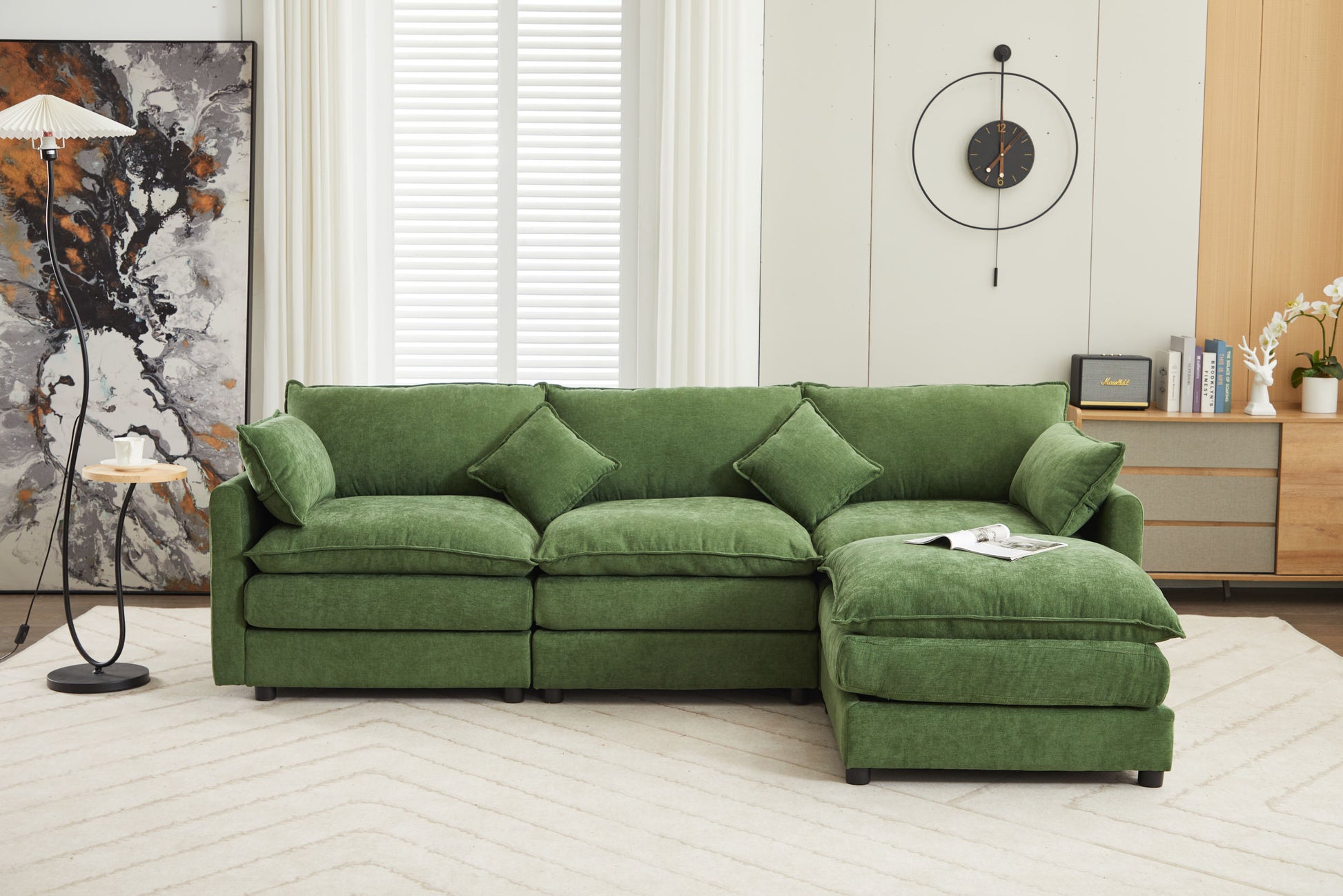 Modular Sectional Sofa, 3 Seater Sofa With Ottoman, Modern L Shaped Sofa For Living Room Bedroom Apartment Green Wood Fabric 4 Seat