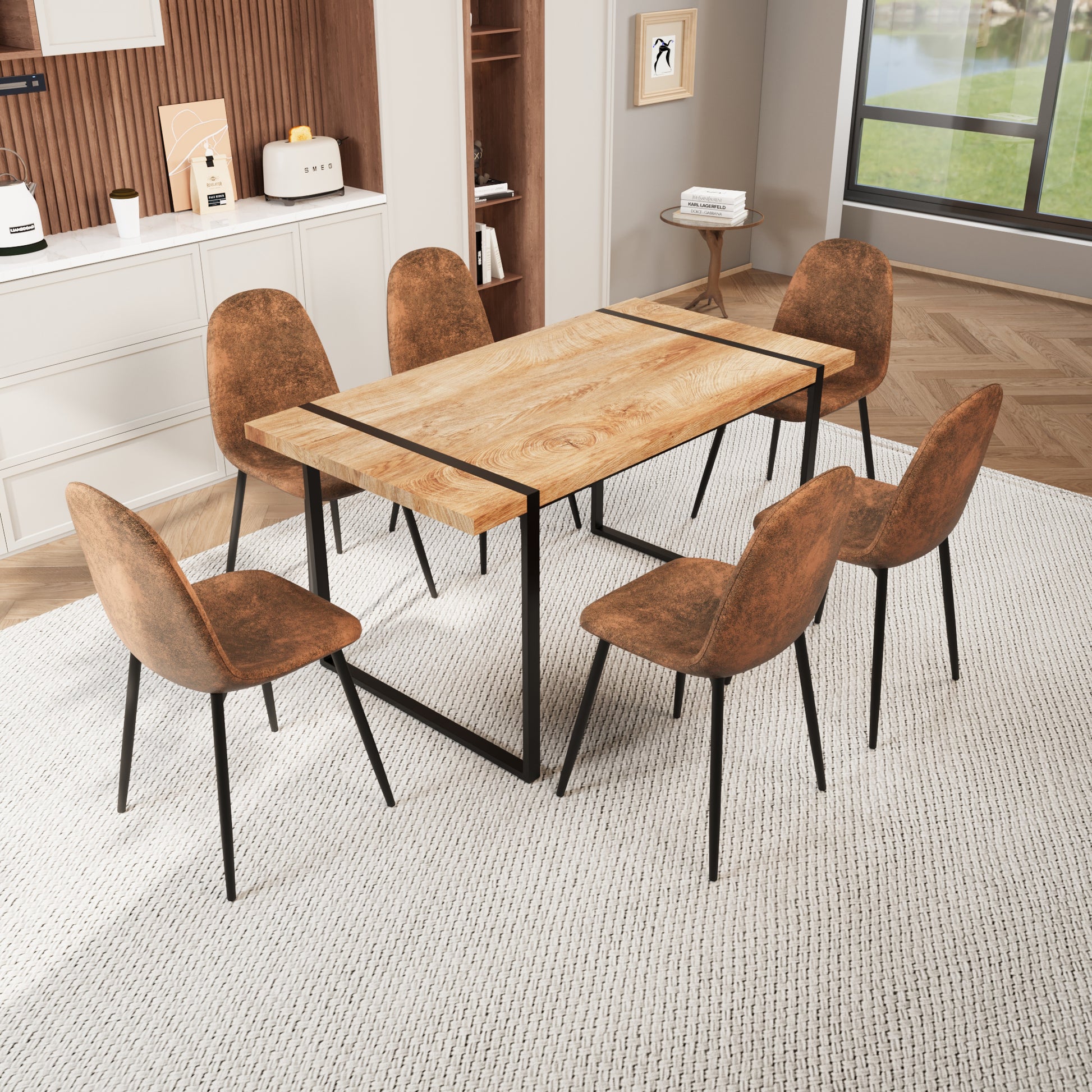 Mdf Natural Wood Dining Table And Modern Dining Chair Set Of 8 Pieces, Medieval Wooden Kitchen Dining Table Set, Black Metal Base, Dining Table And Suede Chair Set Buy 6 Chairs And Get 2 Free Brown