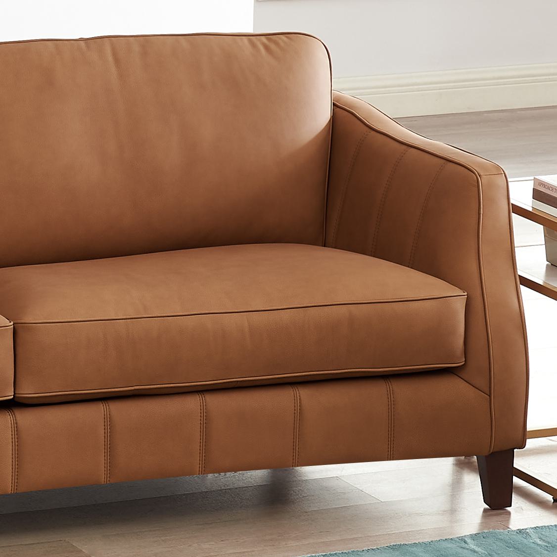 Aria Top Grain Leather Sofa Couch Brown Genuine Leather Wood Primary Living Space Medium Firm Cushion Back Mid Century Modern Eucalyptus Square Arms Down Filling Leather 3 Seat
