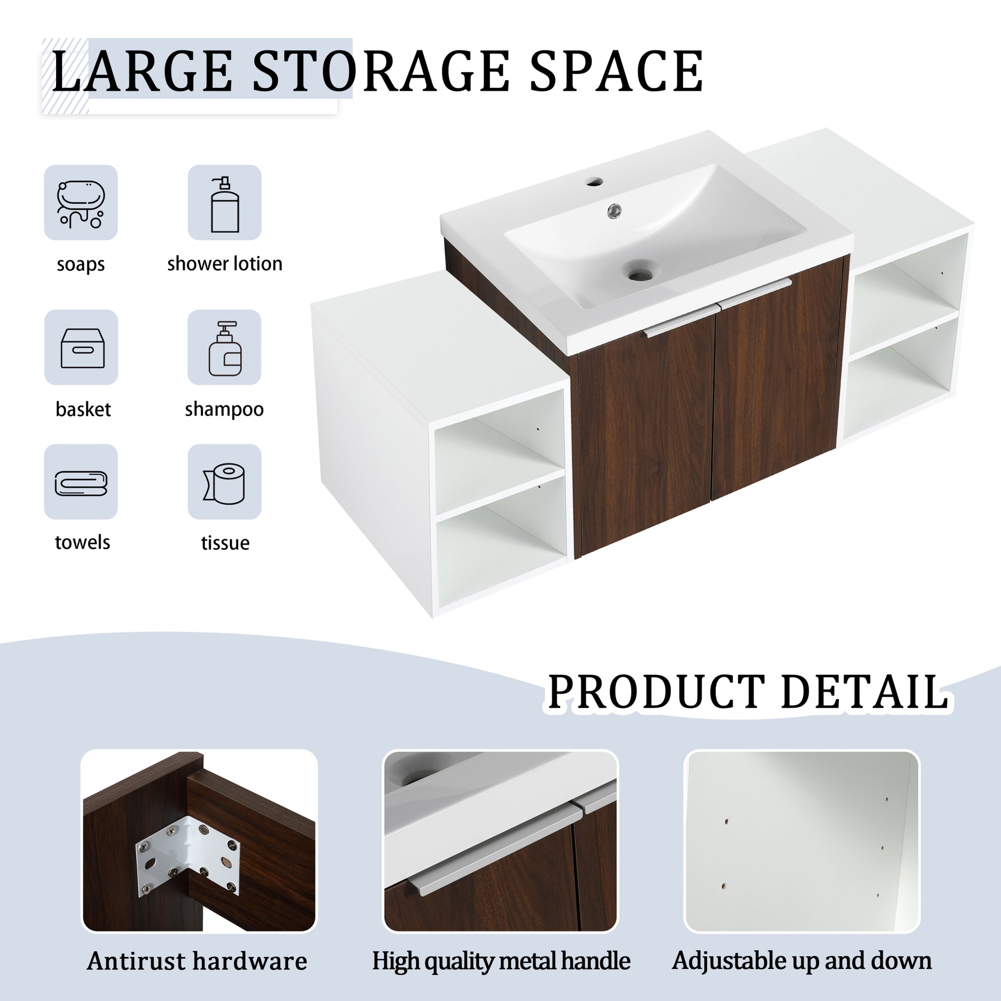 48 Inch Soft Close Doors Bathroom Vanity With Sink, Two Small Storage Shelves, 24" And 12" Combination Cabinet, Kd Packing California Walnut 2 2 Bathroom Wall Mounted Modern Plywood