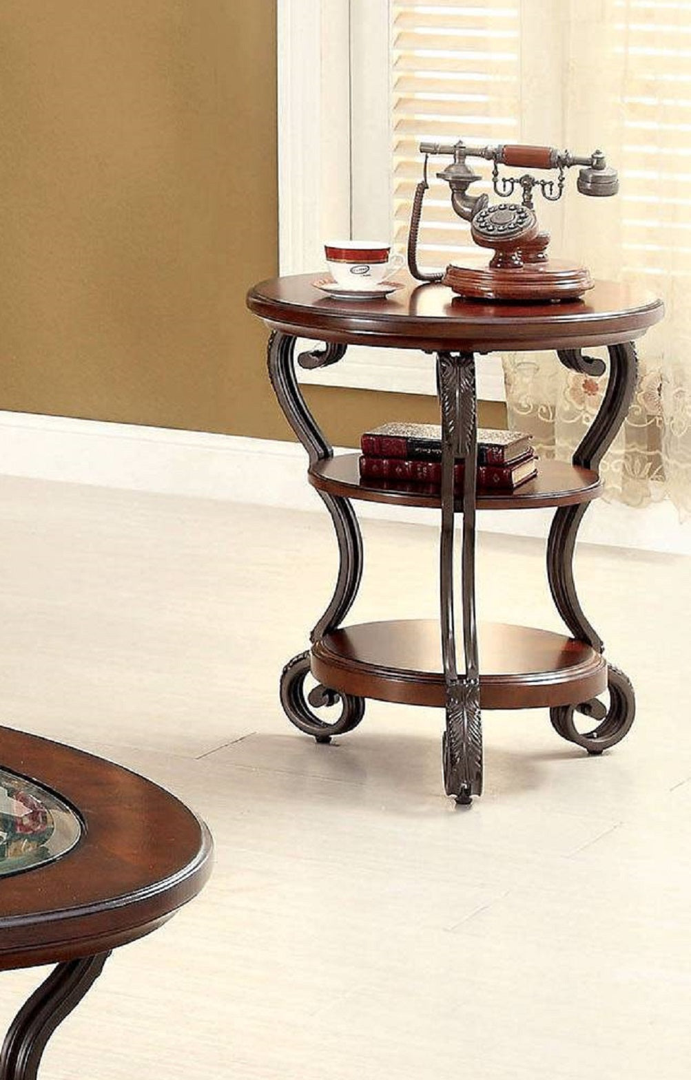 Traditional Style Brown Cherry 1Pc Side Table Open Bottom Shelf Ornate Design Living Room Furniture Brown Multi Brown Primary Living Space Classic,Contemporary,Ornate Traditional,Traditional Open Storage Round Console Tables Solid Wood