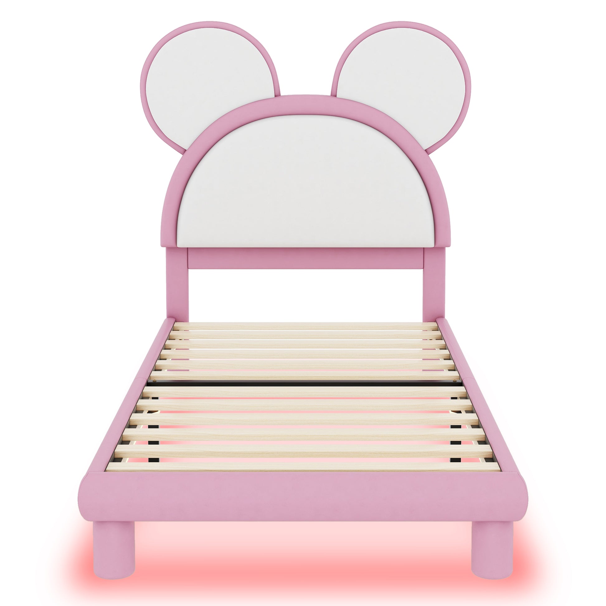 Twin Size Upholstered Platform Bed With Cartoon Ears Shaped Headboard And Led, White&Pink Box Spring Not Required Twin White Pink Bedroom Bed Frame Faux Leather Upholstered