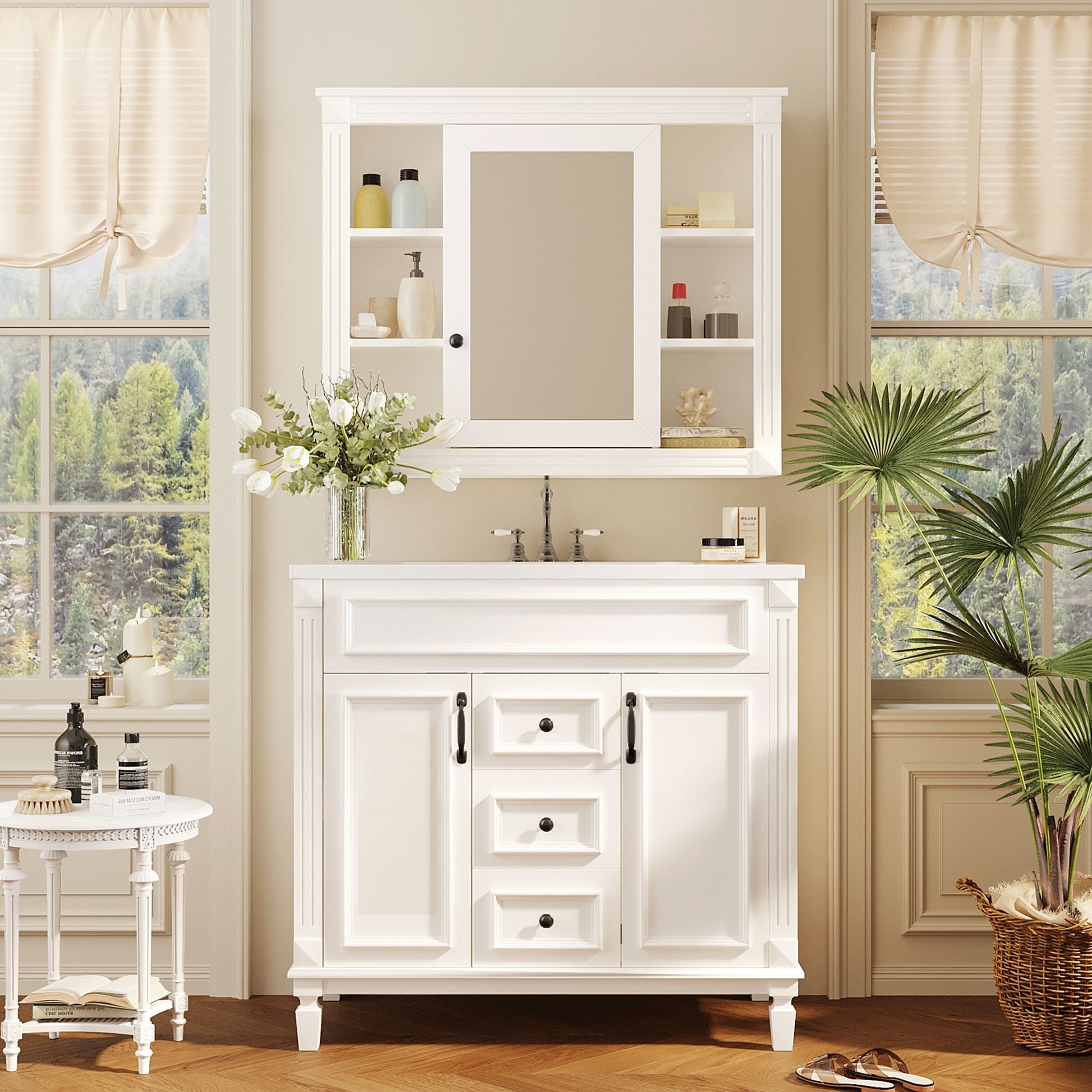 36'' Bathroom Vanity With Top Sink, White Mirror Cabinet, Modern Bathroom Storage Cabinet With 2 Soft Closing Doors And 2 Drawers, Single Sink Bathroom Vanity White Bathroom Mdf