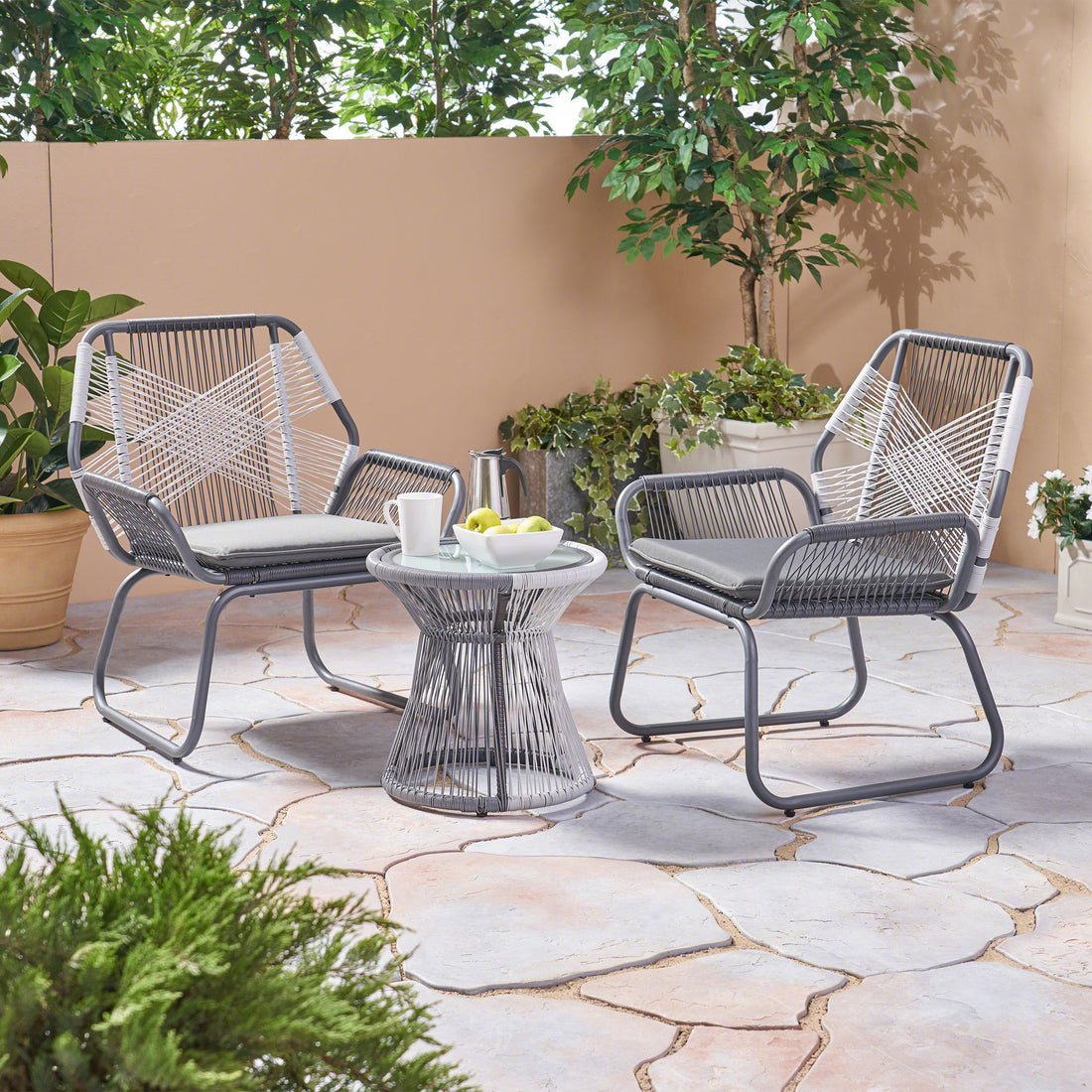 Milan 3Pc Chat Set Gray Pe Rattan Iron Waterproof Fabric