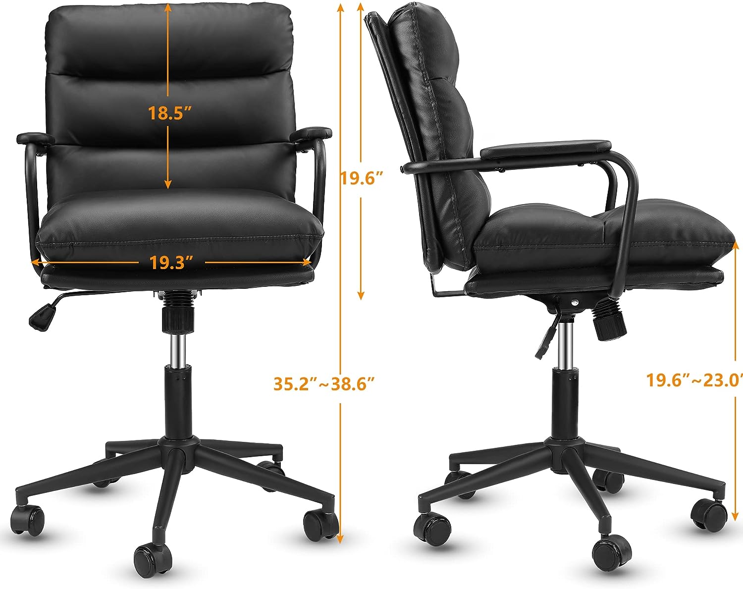 Black Leather Office Chair Mid Back Leather Desk Chair Modern Excutive Office Chair With Arms And Wheels For Home Office Black Pu Iron