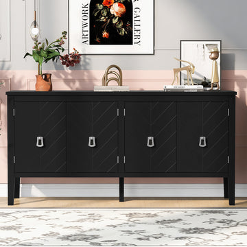 Four Door Sideboard With Geometric Line Patterns And Vintage Metal Handles For Timeless Elegance,Suitable For Living Rooms, Entrance And Study Rooms Black Primary Living Space American Design Mdf