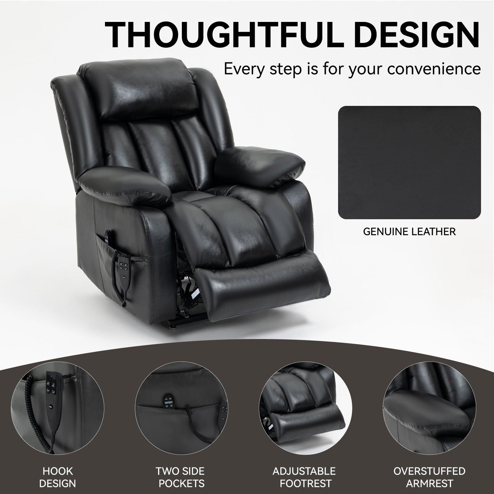 Dual Motor Infinite Position Up To 350 Lbs Electric Medium Size Genuine Leather Black Power Lift Recliner Chair With 8 Point Vibration Massage And Lumbar Heating White Metal Primary Living Space Heavy Duty Pine Black Genuine Leather Power Remote Medium