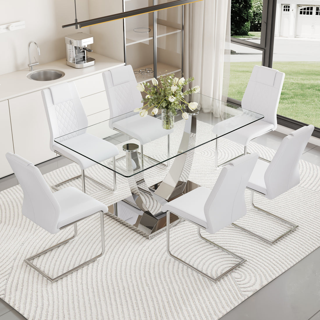 Table And Chair Set.Modern Dining Table,Tempered Glass Tabletop And Silver Colored Leg.Paired With 6 Soft And Comfortable High Quality White Pu Dining Chairs With Silver Legs. Silver,White Seats 6