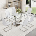 Table And Chair Set.Modern Dining Table,Tempered Glass Tabletop And Silver Colored Leg.Paired With 6 Soft And Comfortable High Quality White Pu Dining Chairs With Silver Legs. Silver,White Seats 6