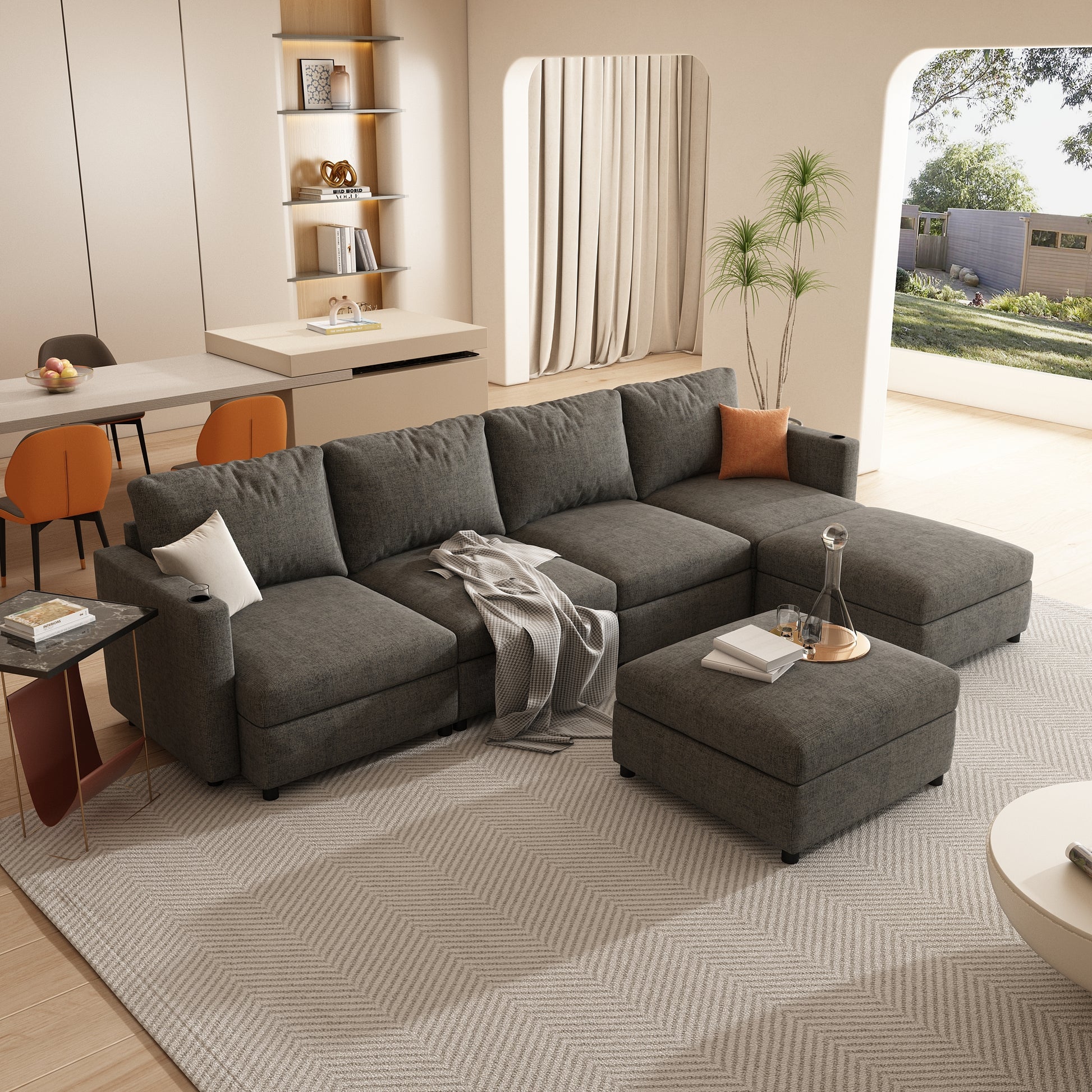 Modern Large Sectional Sofa, U Shape Modular Sectional Couch With Storage Function,123" Sofa Bed With Ottoman,6 Seat Sectionals Chaise For Living Room,Chenille Grey Fabric 6 Seat