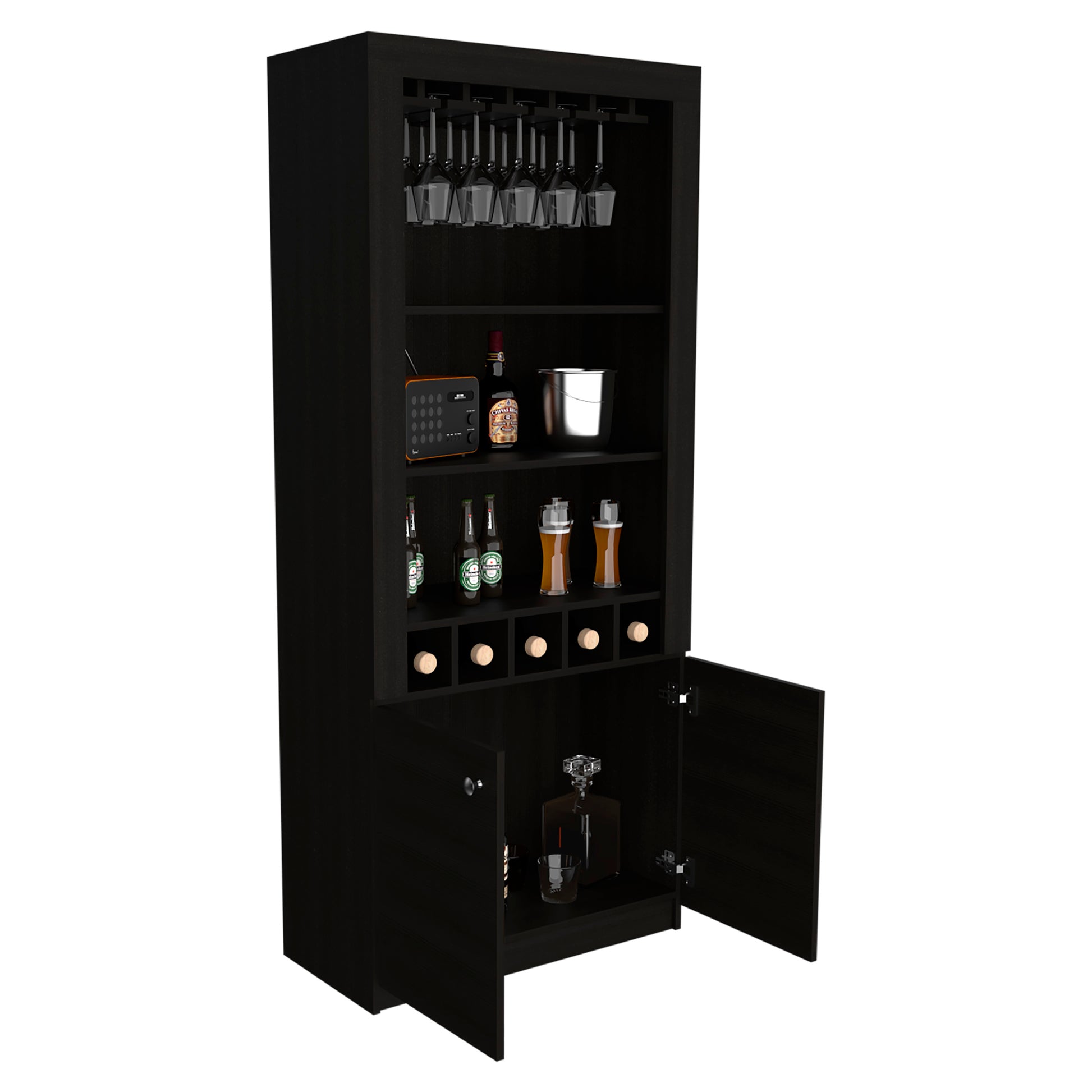 Montenegro Bar Cabinet, Double Door Cabinet, Five Built In Wine Rack, Three Shelves Black Black Primary Living Space Modern Particle Board Particle Board