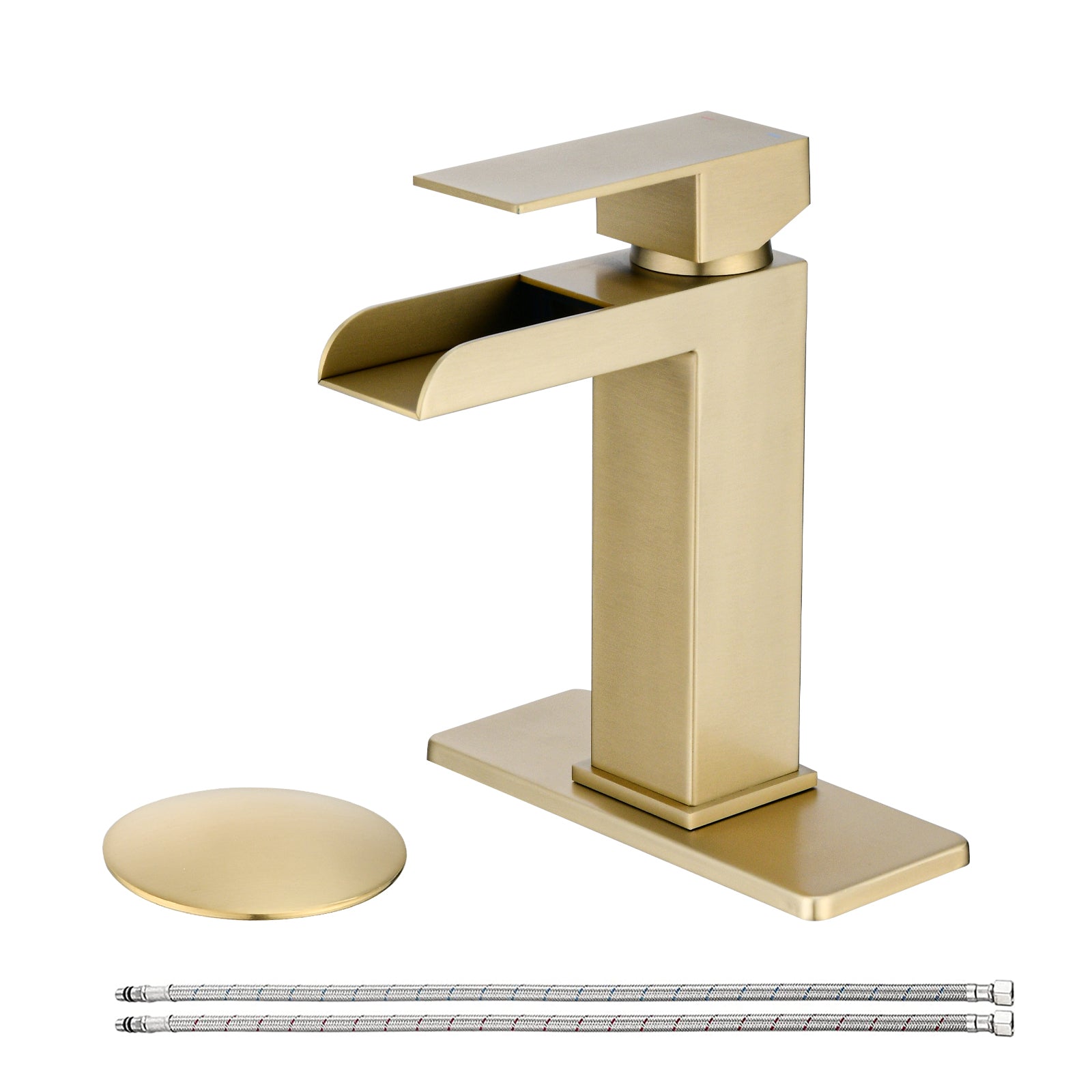 Waterfall Bathroom Faucet Brushed Gold Single Handle Bathroom Sink Faucets 1 Or 3 Hole Solid Vanity Faucet With Deck Plate & Overflow Pop Up Drain Brushed Gold One Brushed Gold Deck Mounted Bathroom Gold Stainless Steel