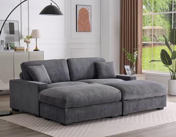 Modular Sectional Sofa,4 Seater Oversized Sectional Sofa, Corduroy Fabric With 2 Ottoman Bench And 2 Pillows, Modular Sectionals Sofa Couch For Living Room Gray Corduroy 4 Seat