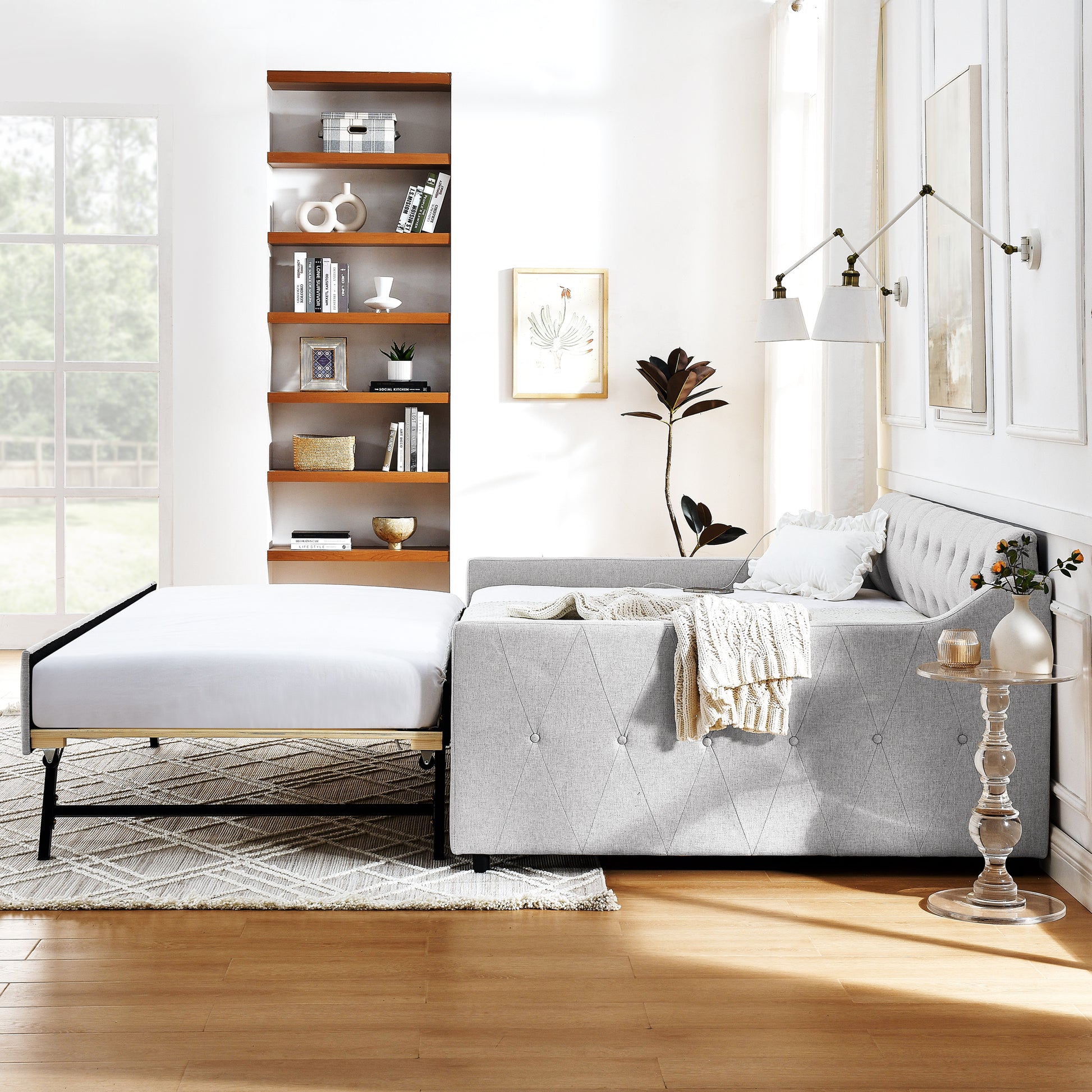 Full Size Upholstery Daybed With Twin Size Erectable Trundle And Usb Charging Design, Linen Beige Box Spring Not Required Full Beige Bedroom Linen Linen