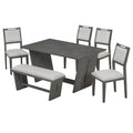 6 Piece Retro Dining Set, 1 Rectangular Table With Stable Trapezoidal Table Base And 4 Upholstered Chairs And 1 Bench For Dining Room And Kitchen Gray Gray Solid Wood Mdf