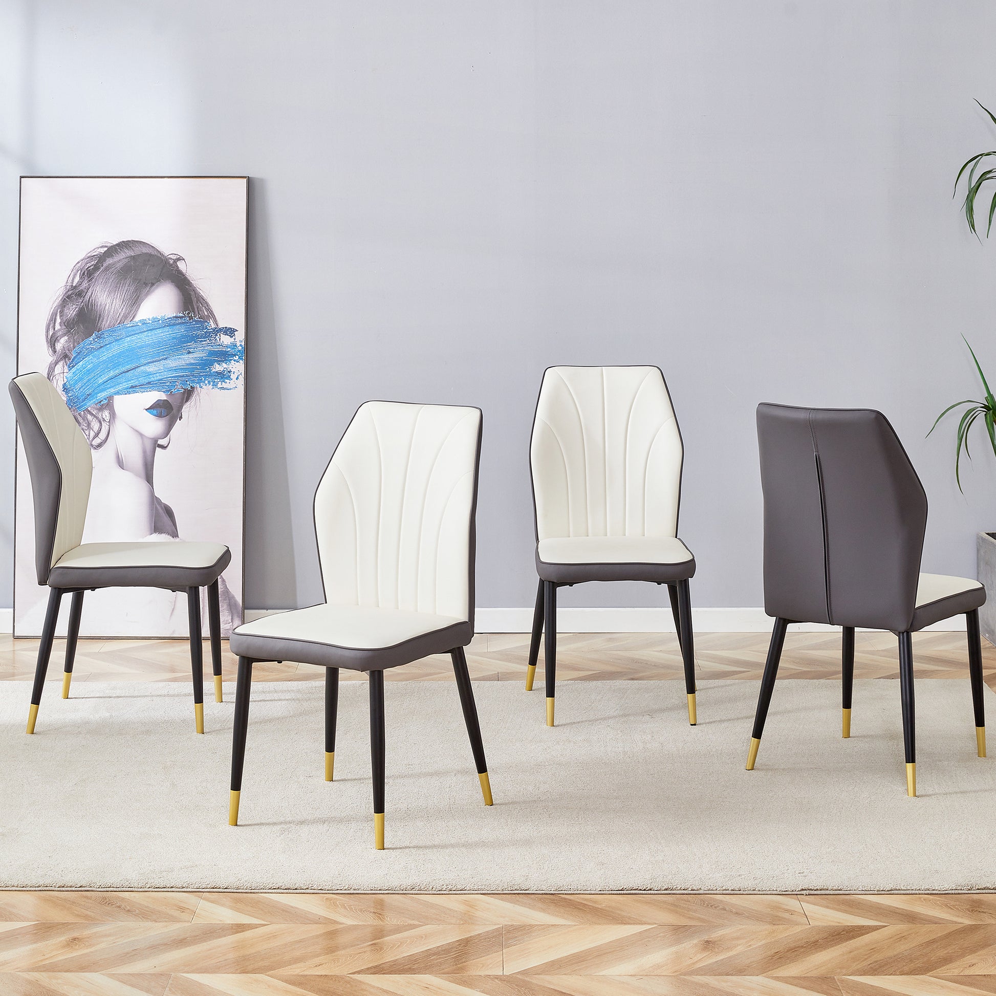 4 Modern Dining Chairs With Stylish Pu Patterned Backrest And Black Metal Legs For A Comfortable Home Experience In The Kitchen, Bedroom And Office. White Gray Pu