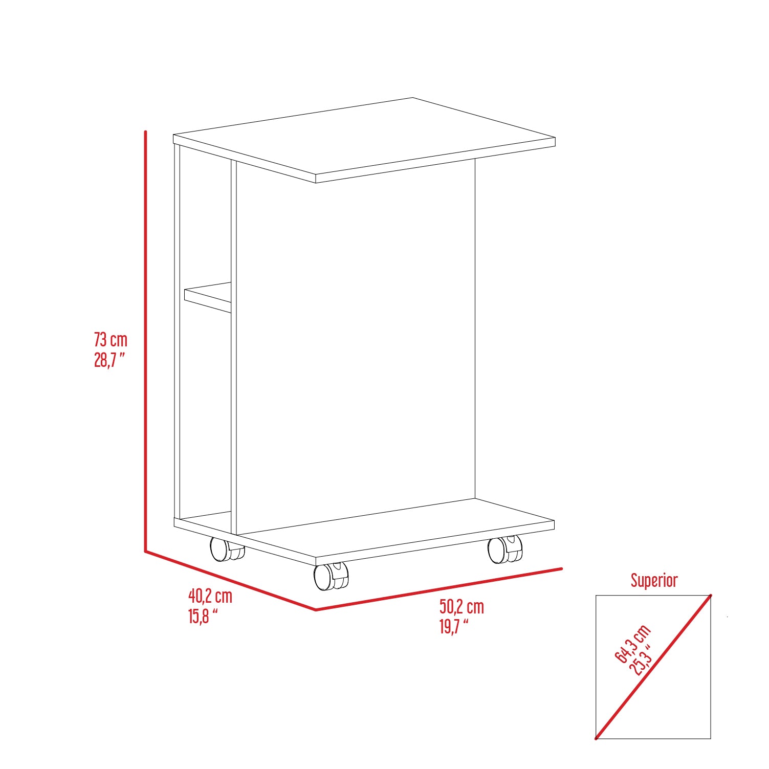 Bombay Mobile Tray Table, Two Side Shelves Black Casters Or Wheels Computer Desk Office Modern Desk Rectangular Melamine Engineered Wood