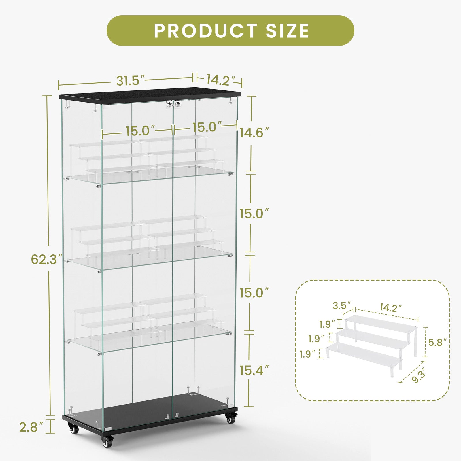 4 Tier Glass Display Cabinet, Double Door Glass Cabinet With Two Locks, Floor Standing Storage Cabinet With 6 Acrylic Shelves For Living Room, Bedroom And Office, Black, 31.5"L X 14.2"W X 65.1"H