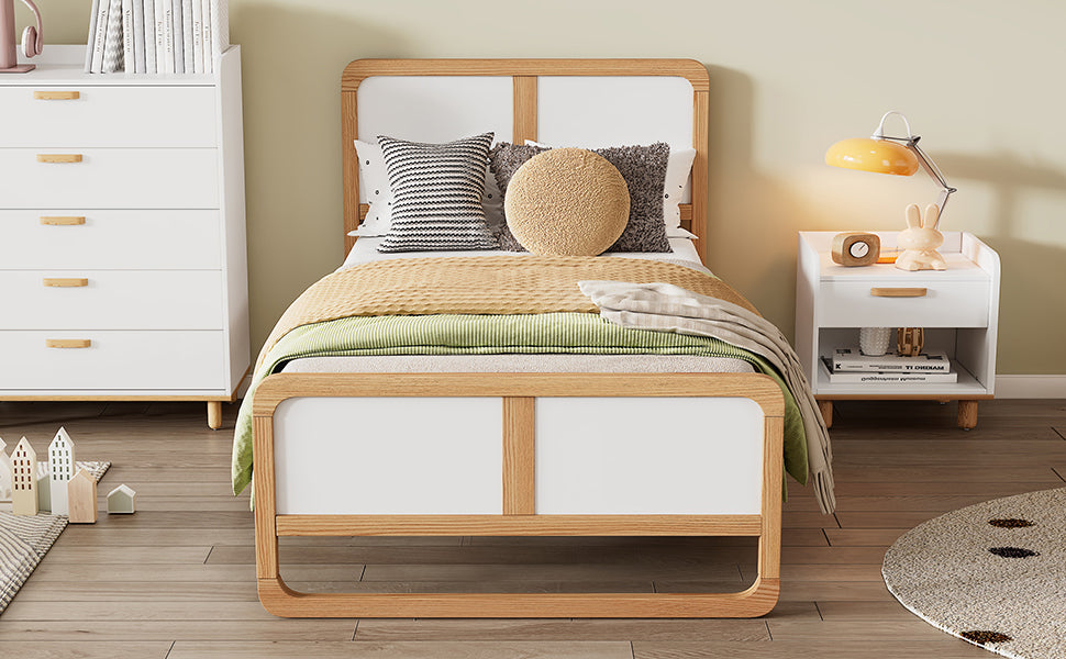 Modern Style Twin Size Solid Wood Platform Bed For Kids, Teens, Adults, No Need Box Spring, Walnut And White Box Spring Not Required Twin White Walnut Wood Bedroom Modern Pine Bed Frame Wood