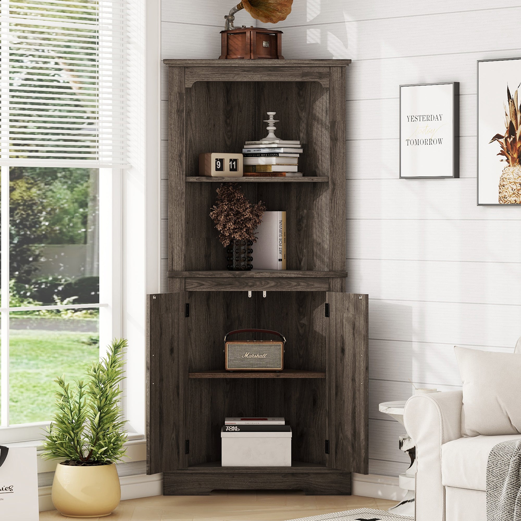 Tall Corner Cabinet With Doors For Living Room, Bathroom,Dining Room Or Kitchen,Color:Dark Walnut Walnut Mdf