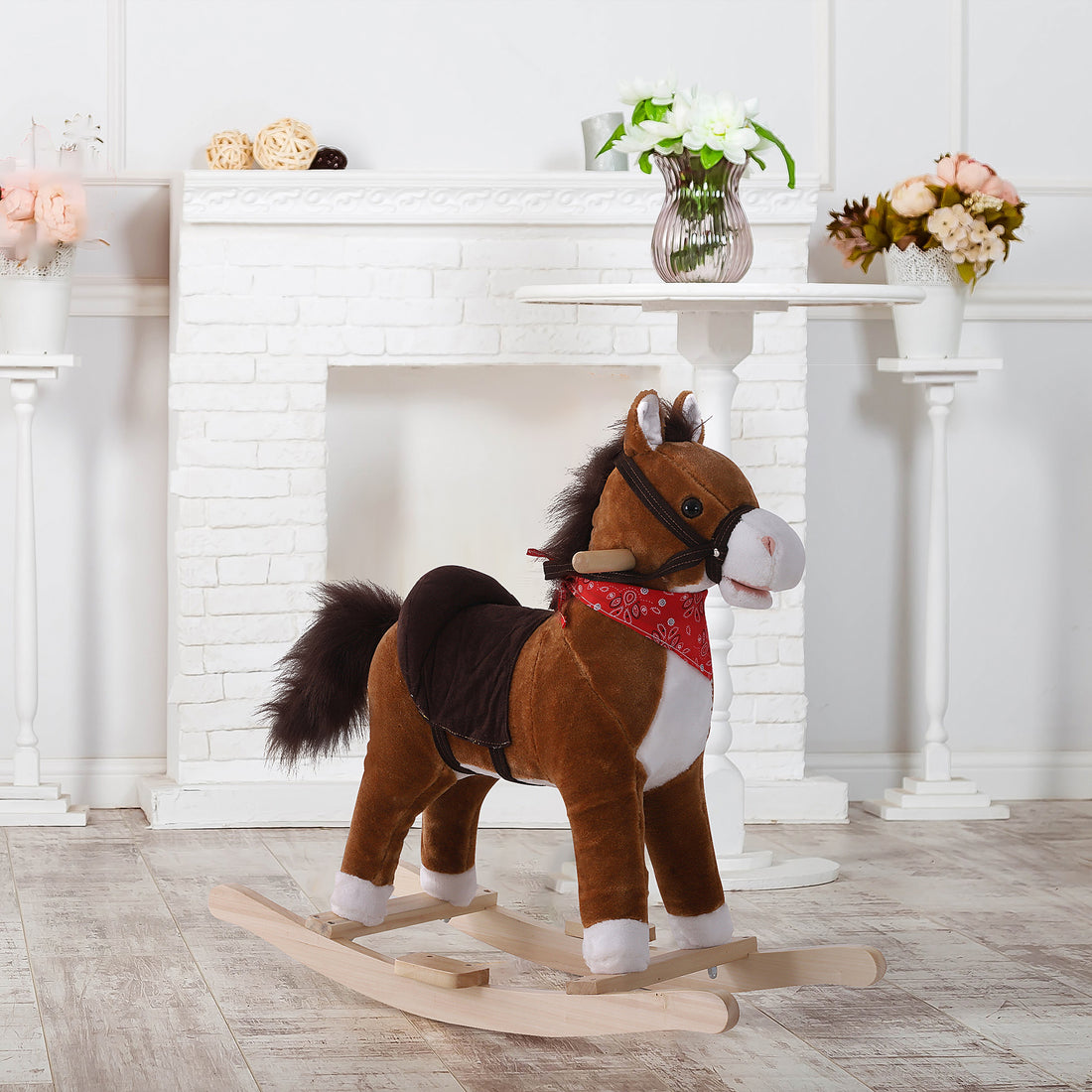 Qaba Kids Ride On Rocking Horse Plush Toy With Realistic Sounds And Red Scarf For Over 3 Years Old Birth Gift Brown Plush