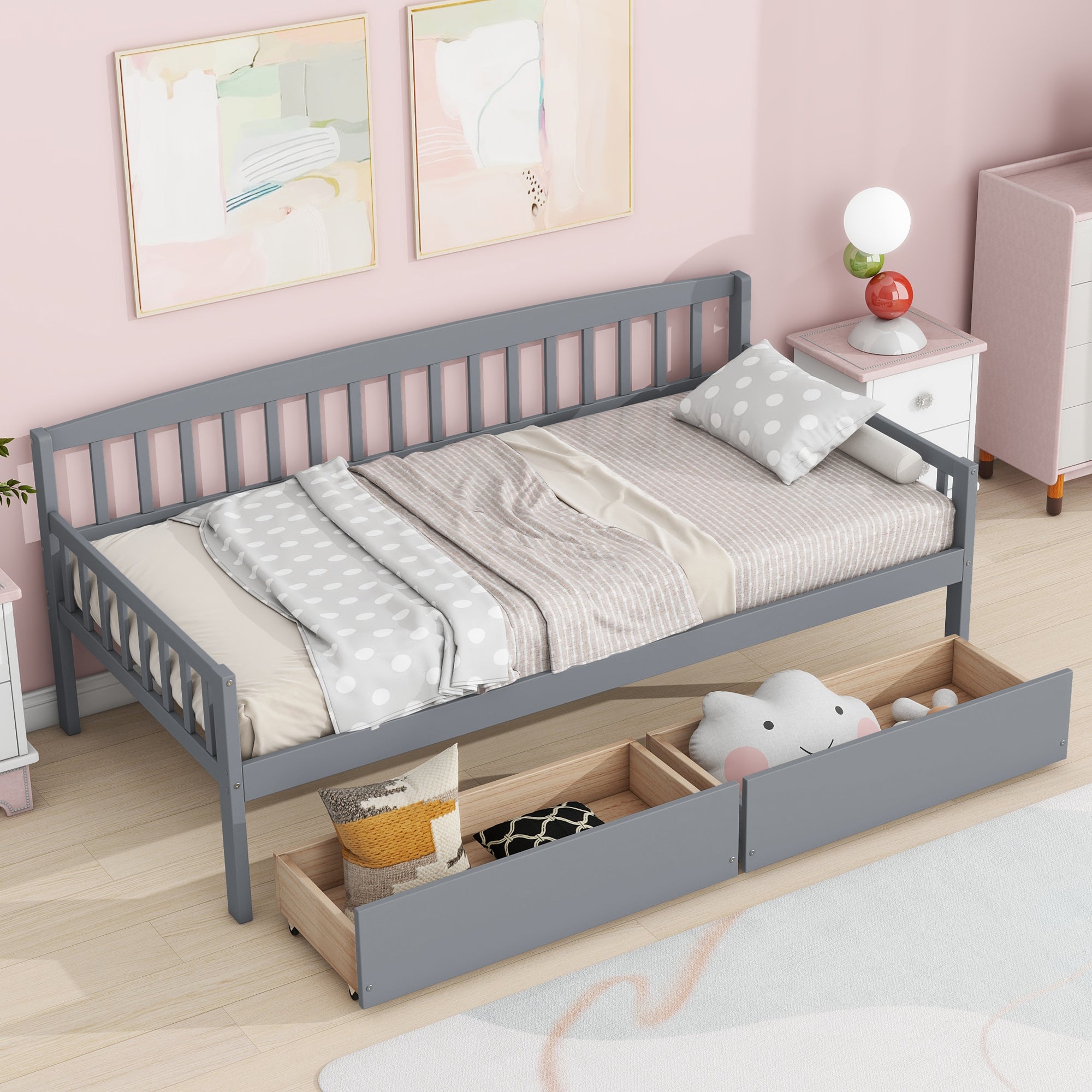 Twin Size Pine Wood Daybed With Two Storage Drawers, Sofa Bed With Bed Platform Of 10 Support Slats,Grey Twin Grey Pine