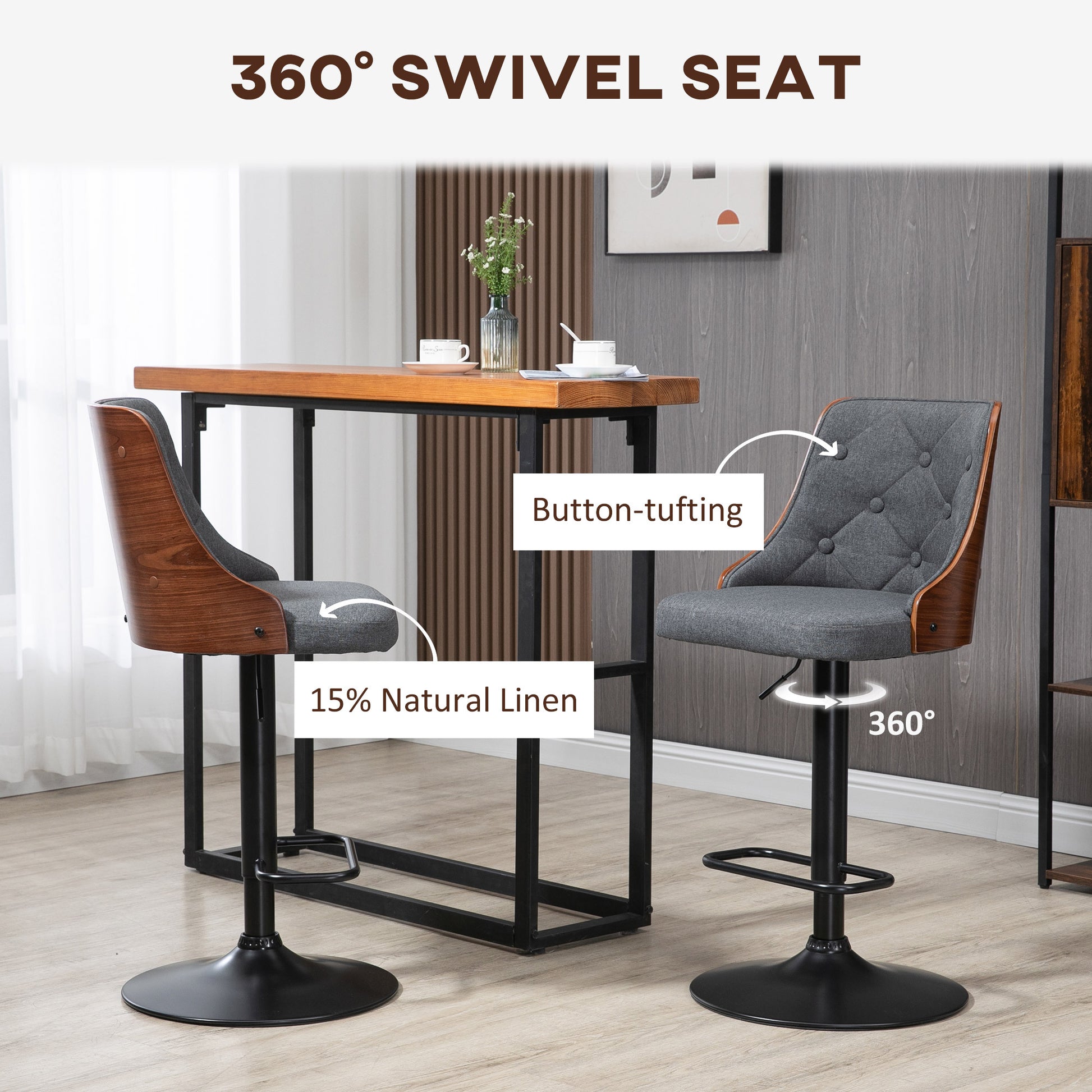 Homcom Counter Height Bar Stools Set Of 2, Height Adjustable Swivel Barstools With Footrest And Tufted Back, Linen Fabric Bar Chairs, Dark Grey Dark Grey Wood