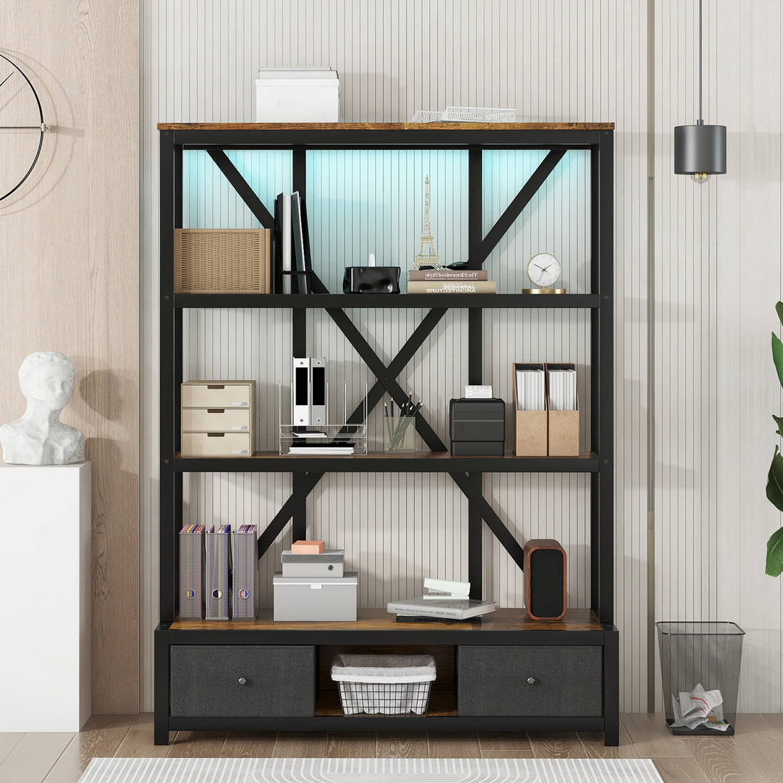 3 Shelf Metal Bookcase With Drawers For Home Office, Open Bookcase, Vintage Industrial Style Bookcase With Led,Vintage Wood Color Vintage Mdf Metal