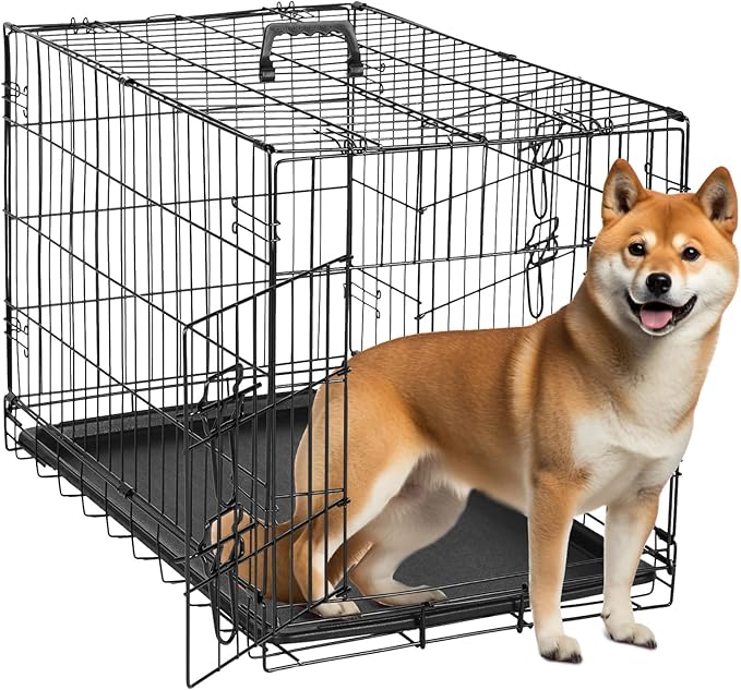 Folding Metal Wire Dog Crate, 30 Inch Durable, Foldable, Collapsible Double Door Dog Crate With Removable Leak Proof Pan, Portable Dogs Crate With Divider, Black Black Iron