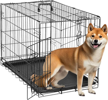 Folding Metal Wire Dog Crate, 30 Inch Durable, Foldable, Collapsible Double Door Dog Crate With Removable Leak Proof Pan, Portable Dogs Crate With Divider, Black Black Iron