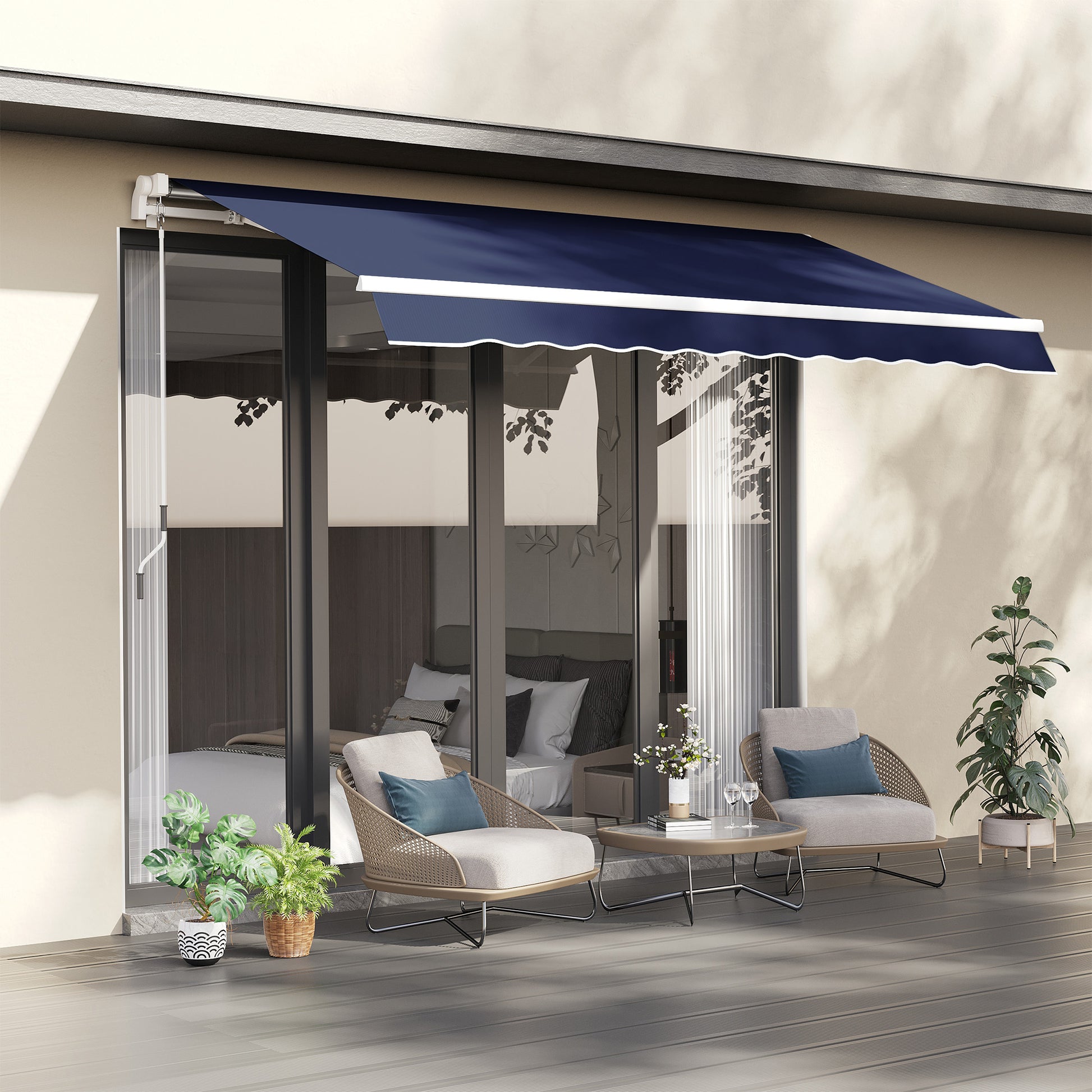 Outsunny 10' X 8' Retractable Awning, Patio Awnings, Sunshade Shelter W Manual Crank Handle, Uv & Water Resistant Fabric And Aluminum Frame For Deck, Balcony, Yard, Blue Blue Aluminum