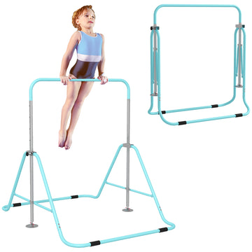 Qaba Folding Gymnastics Bar For Kids With Shock Absorption, Adjustable Gymnastics Horizontal Bar, Gymnastics Kip Bar For Home Use, Green Green Steel