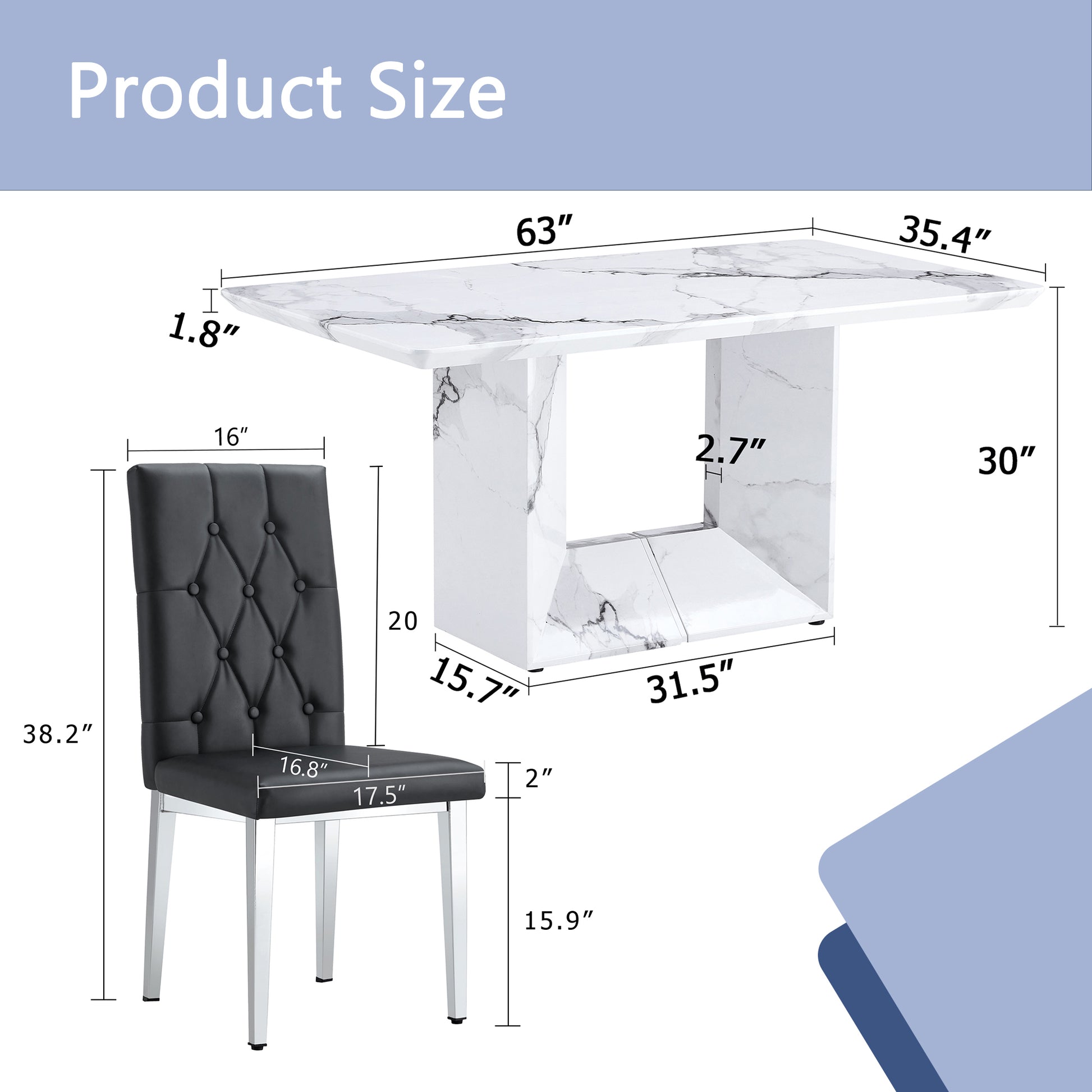 Table And Chair Set.63"X35.4" White Marble Patterned Mdf Dining Table Set With 6 Armless Black Pu Chairs.Showcasing A Modern And Stylish Look. Black,White Seats 6 Mdf Metal