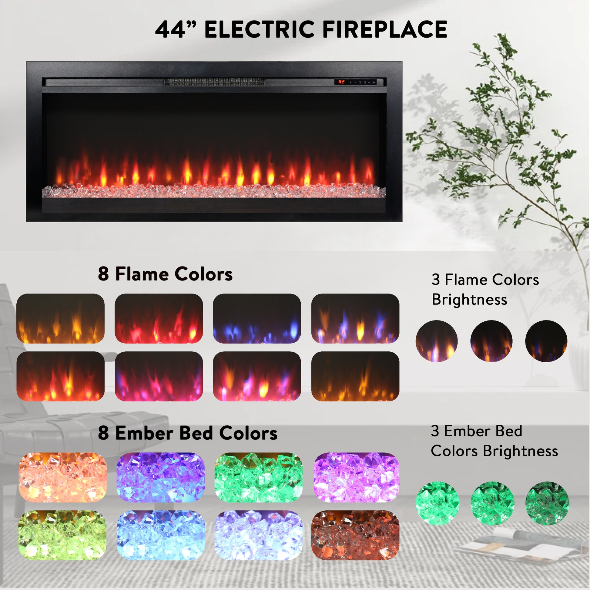 44 Inch In Wall Recessed Electric Fireplace With Remote And Multi Color Flame & Emberbed, Led Light Heater Powder Coated Electric Antique Black Vent Free Yes Insert Tempered Glass Sheet Metal