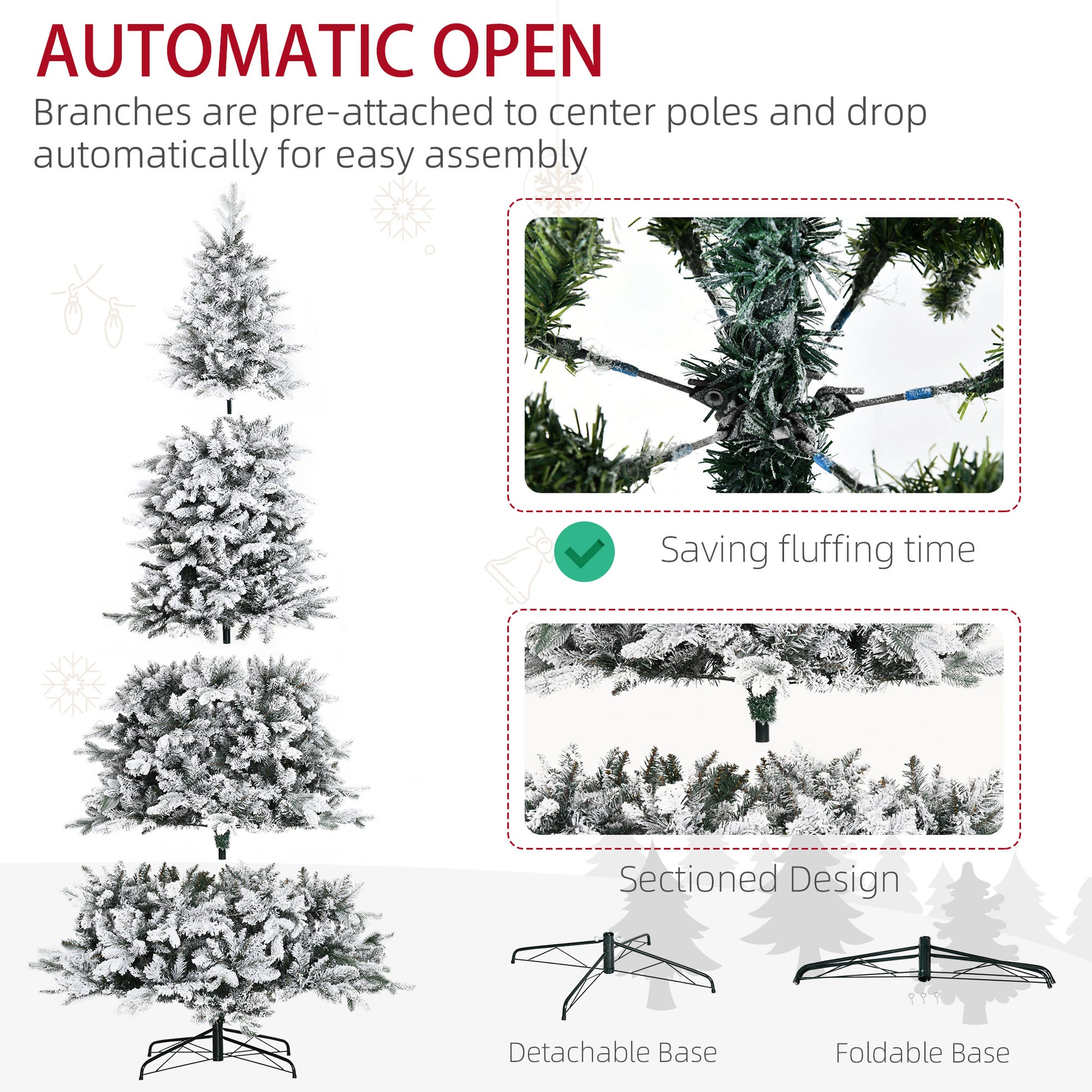 Homcom 9 Foot Pine Snow Flocked Artificial Christmas Tree With 616 Realistic Cedar Branches, Auto Open, Home Holiday Decoration, Green Green Plastic