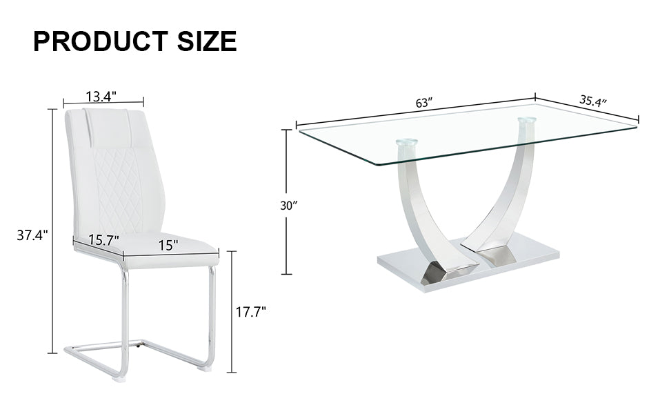 Table And Chair Set.Modern Dining Table,Tempered Glass Tabletop And Silver Colored Leg.Paired With 6 Soft And Comfortable High Quality White Pu Dining Chairs With Silver Legs. Silver,White Seats 6