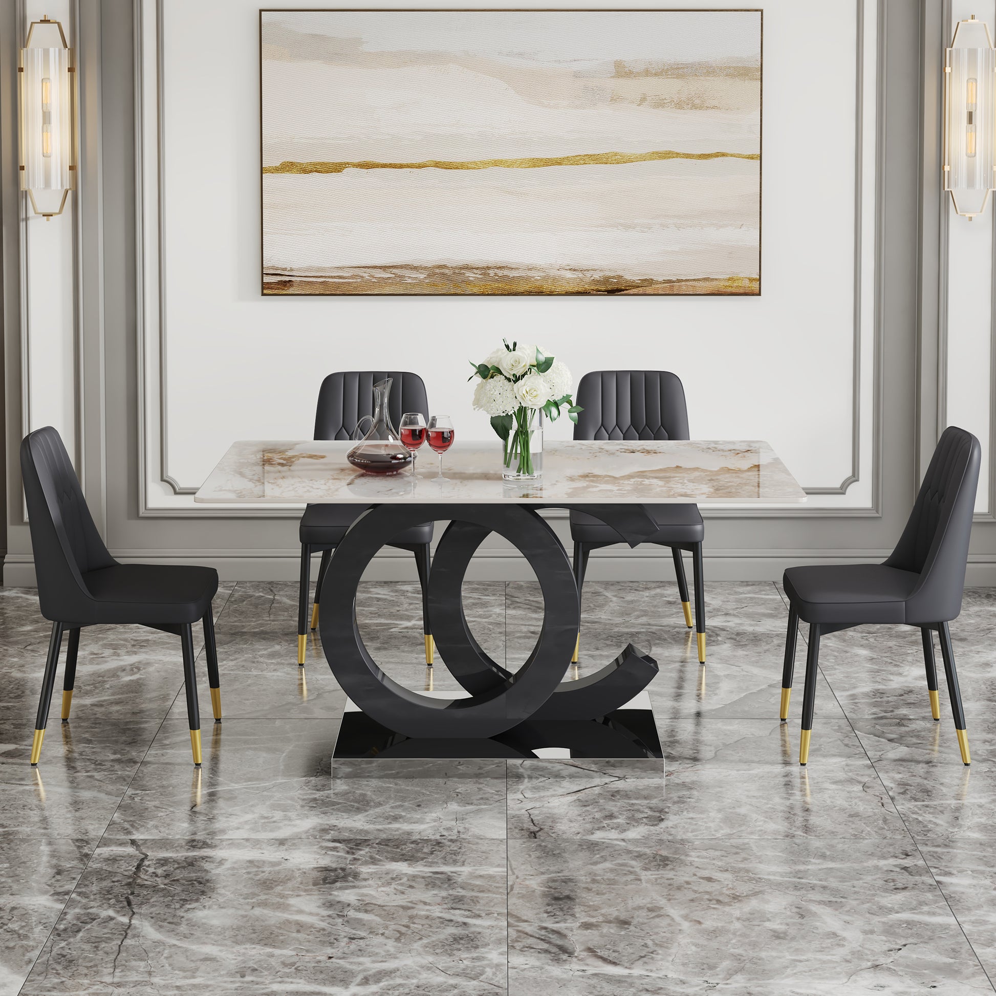 Table And Chair Set.63"X31.5" Marble Pattern Sintered Stone Table With Mdf Oc Shaped Bracket.Paired With 4 Black Chairs With Pu Cushions And Black Metal Legs.Suitable For Kitchen,Dining Room,Etc.