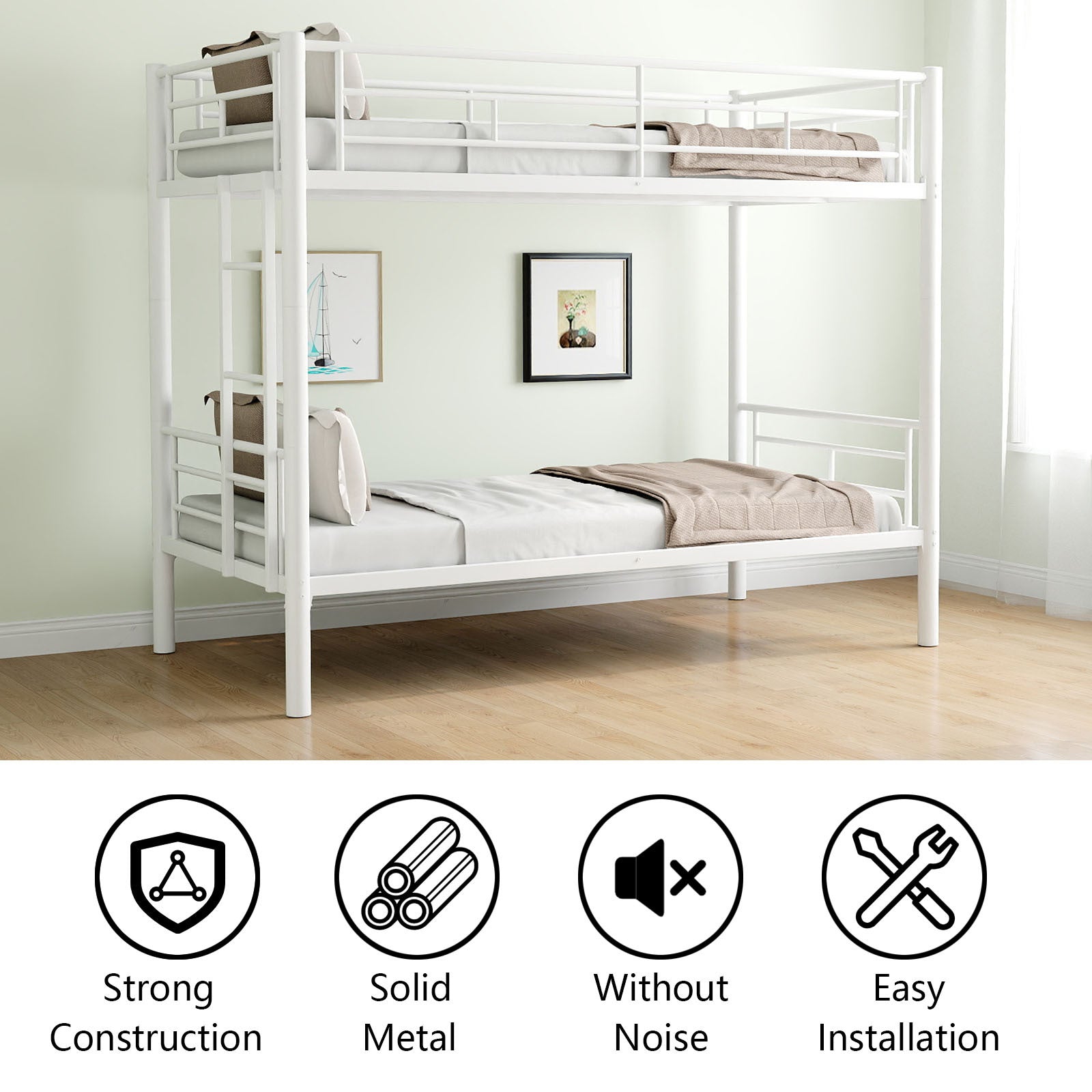 Bunk Bed Twin Over Twin Size With Ladder And High Guardrail, Able To Split, Metal Bunk Bed, Storage Space, Noise Free,White Box Spring Not Required Twin White Metal Metal